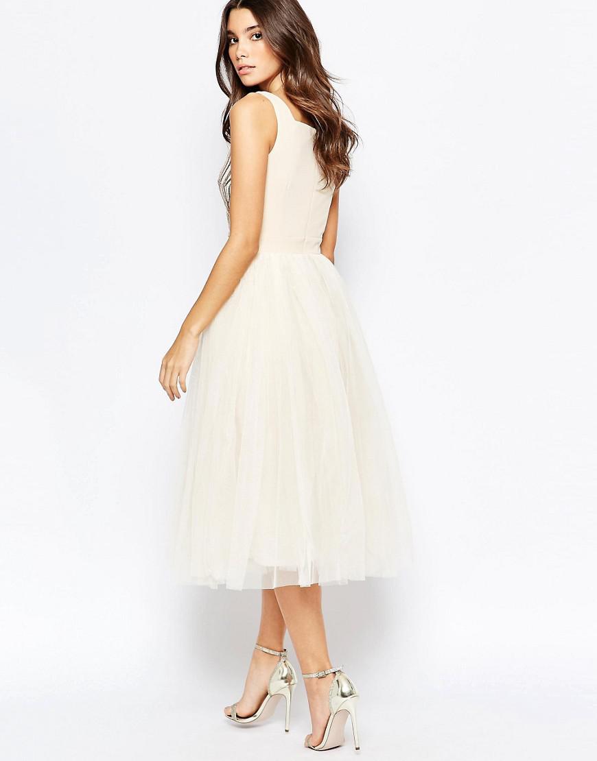 Little Mistress Sequin Midi Dress With Tulle Skirt in Cream (Natural) | Lyst