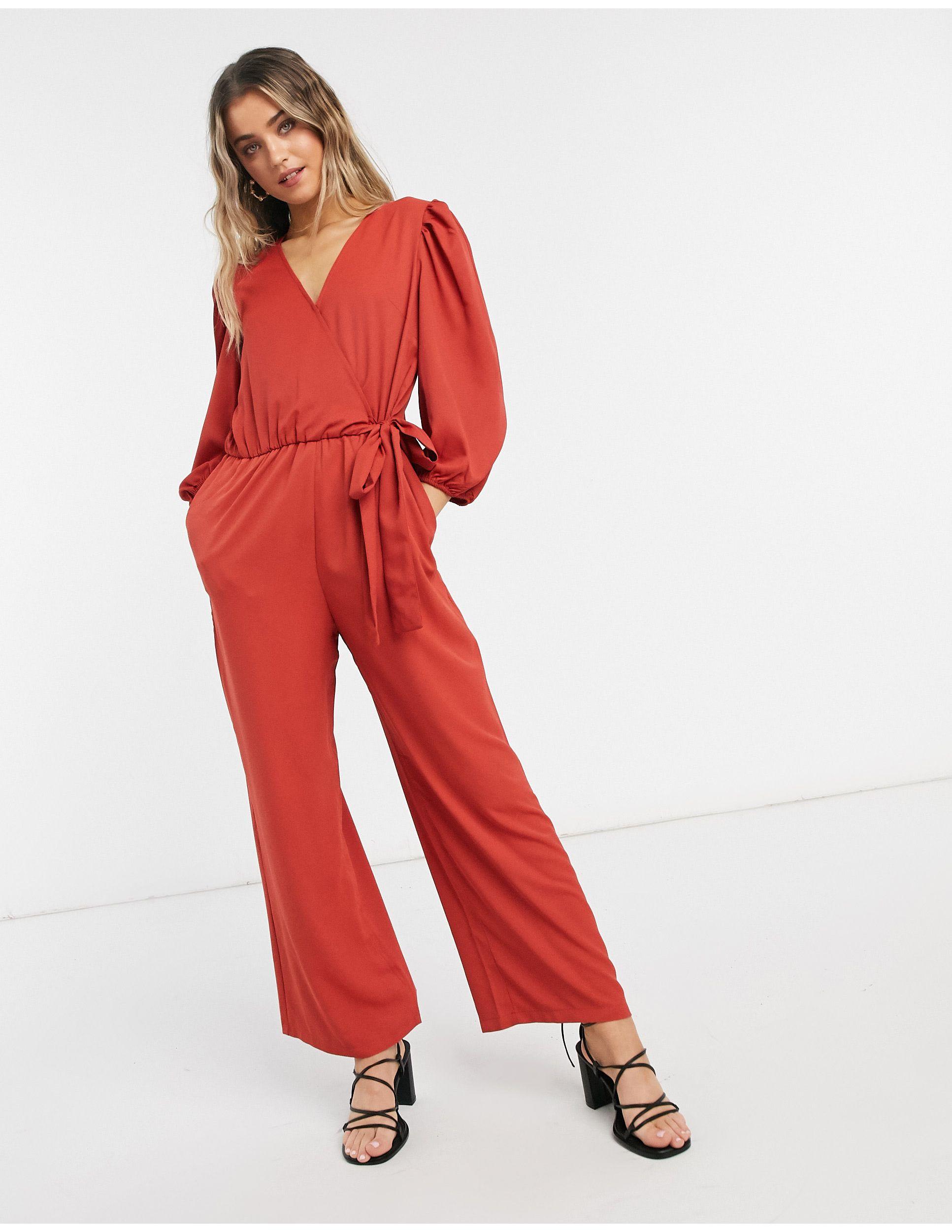Monki Tia Wrap Front Jumpsuit in Red | Lyst