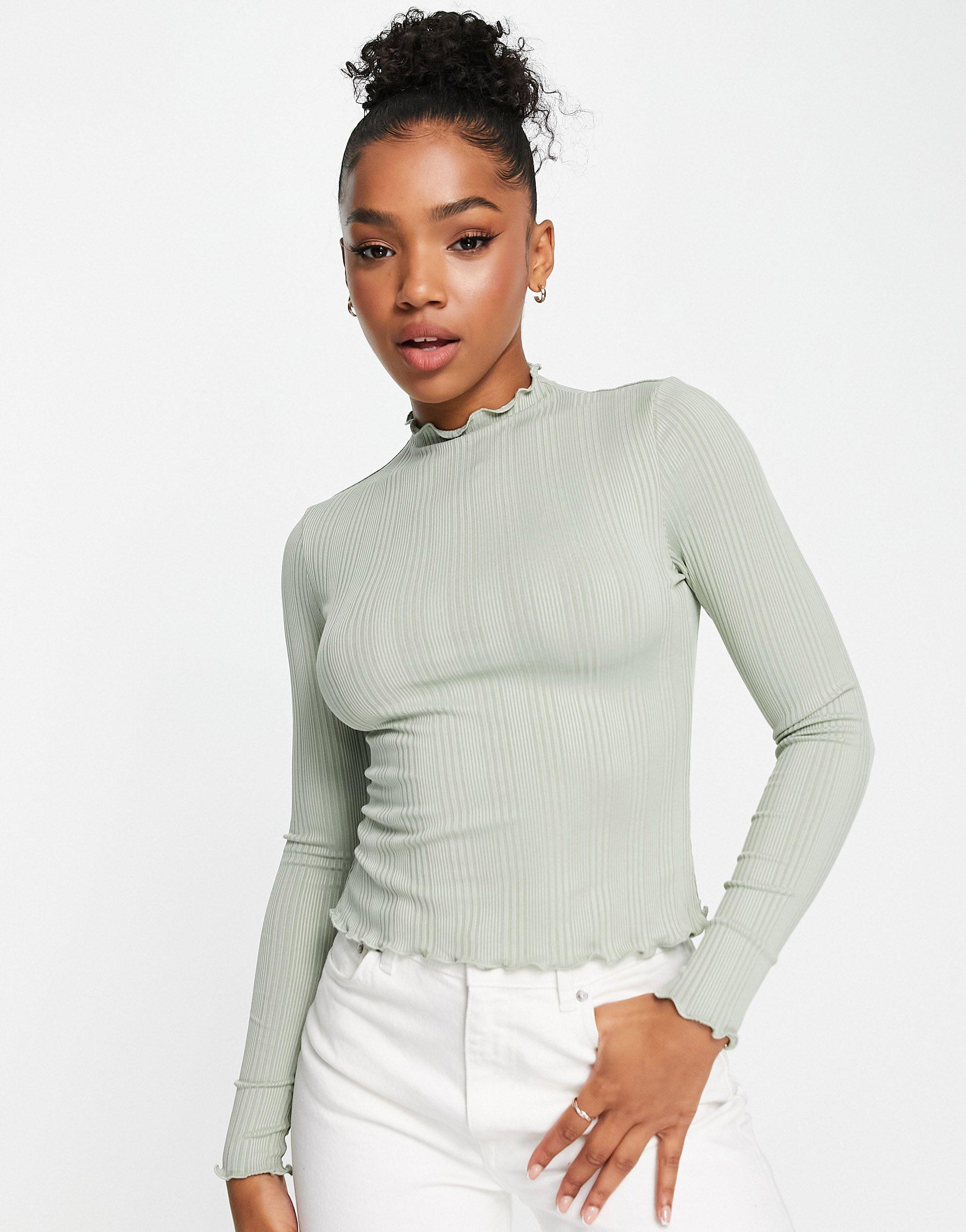 Urban Revivo Synthetic Lettuce Hem Long Sleeve Top in Green (Gray) Lyst