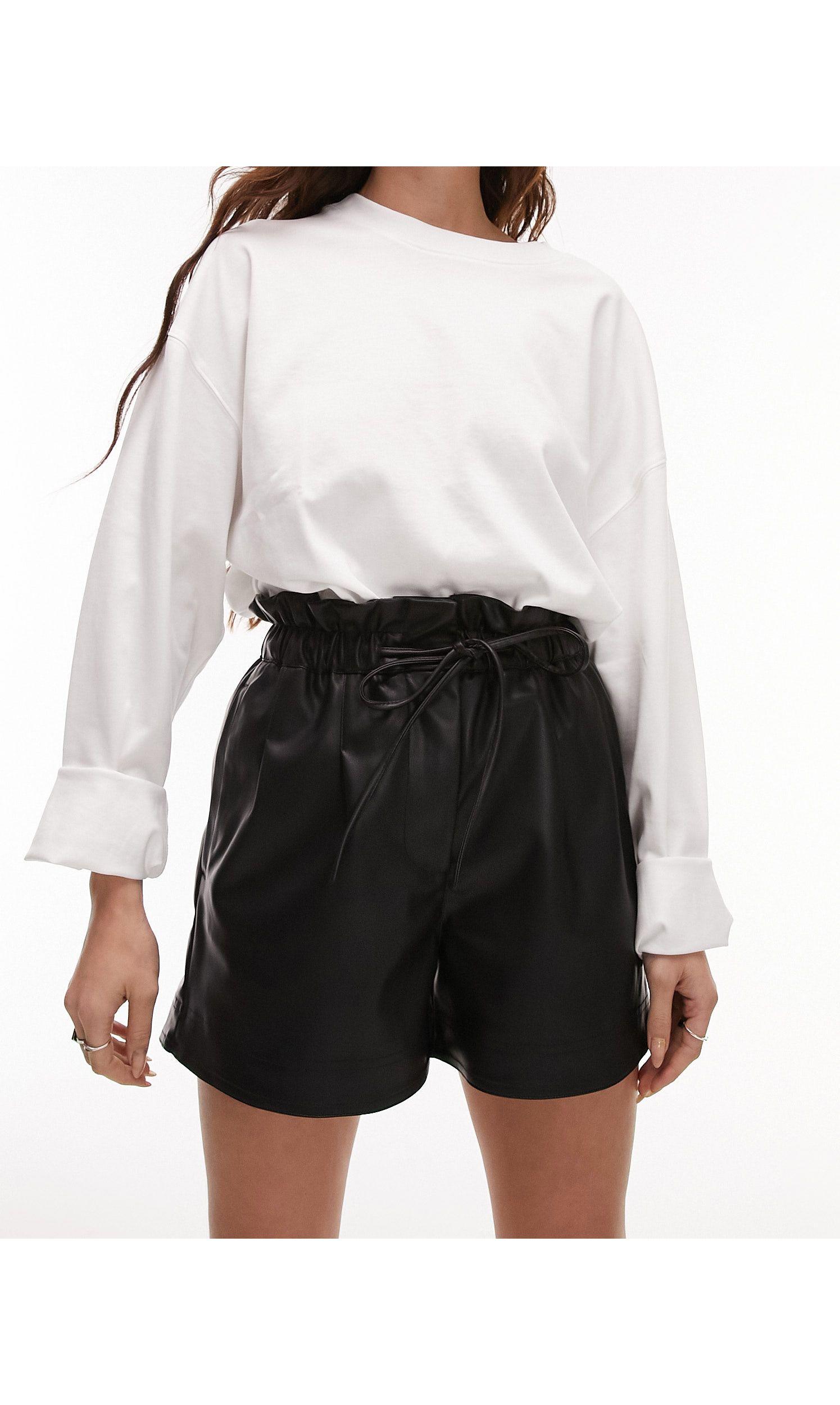 TOPSHOP Leather Paperbag High Waist Short in Black | Lyst