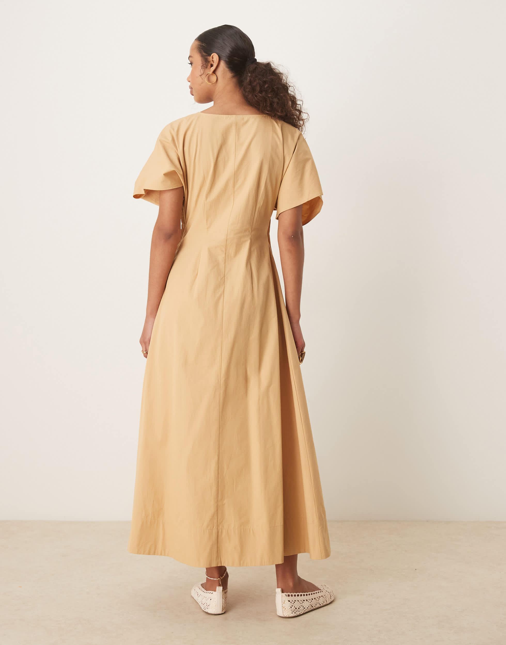 ASOS V Neck Short Sleeve Midi Dress With Narrow Pintucks in Natural | Lyst