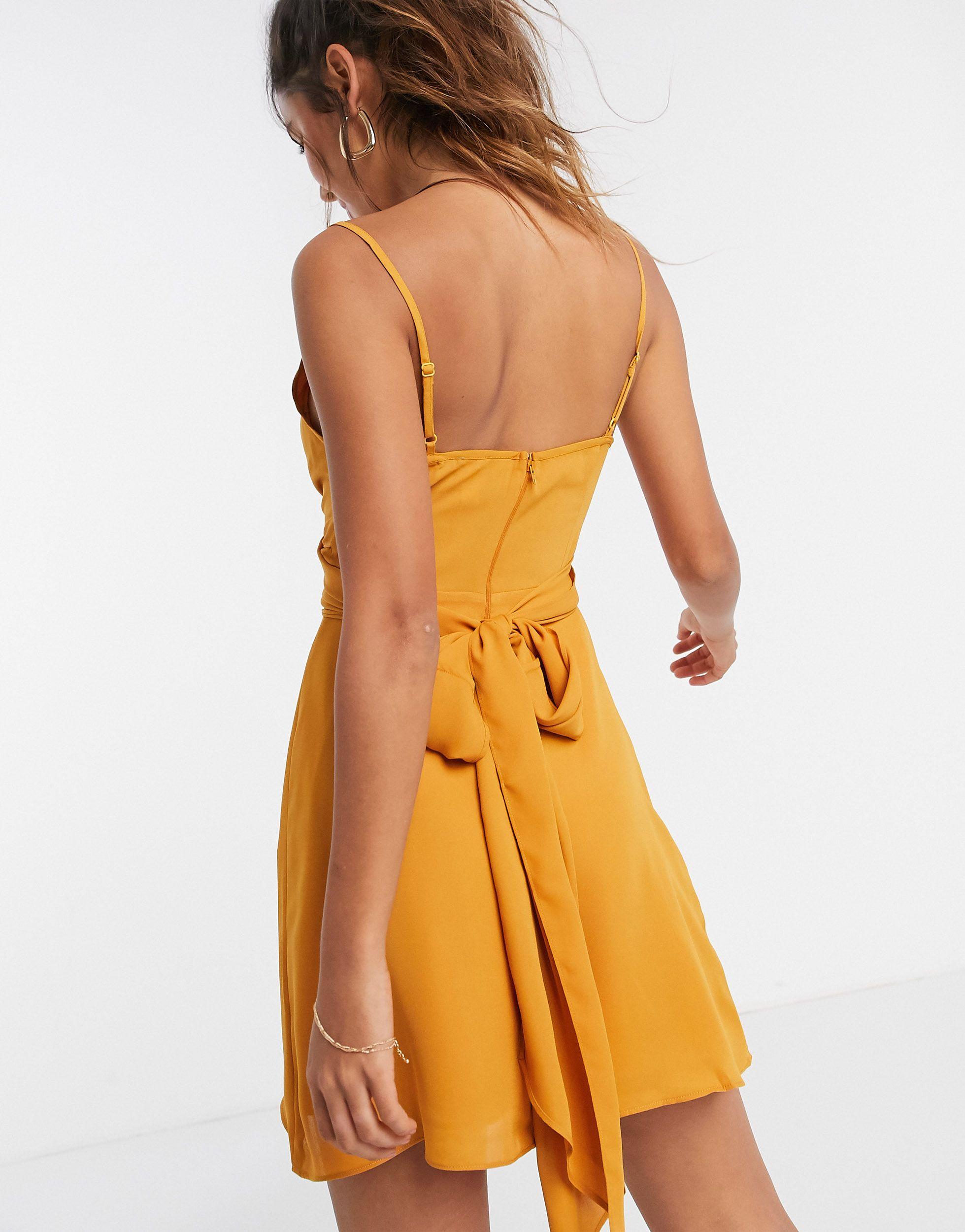 ASOS Synthetic Cami Wrap Mini Dress With Tie Waist in Yellow - Lyst