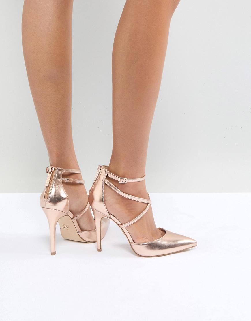 Lipsy Rose Gold Court Shoe With Cross Strap in Metallic - Lyst