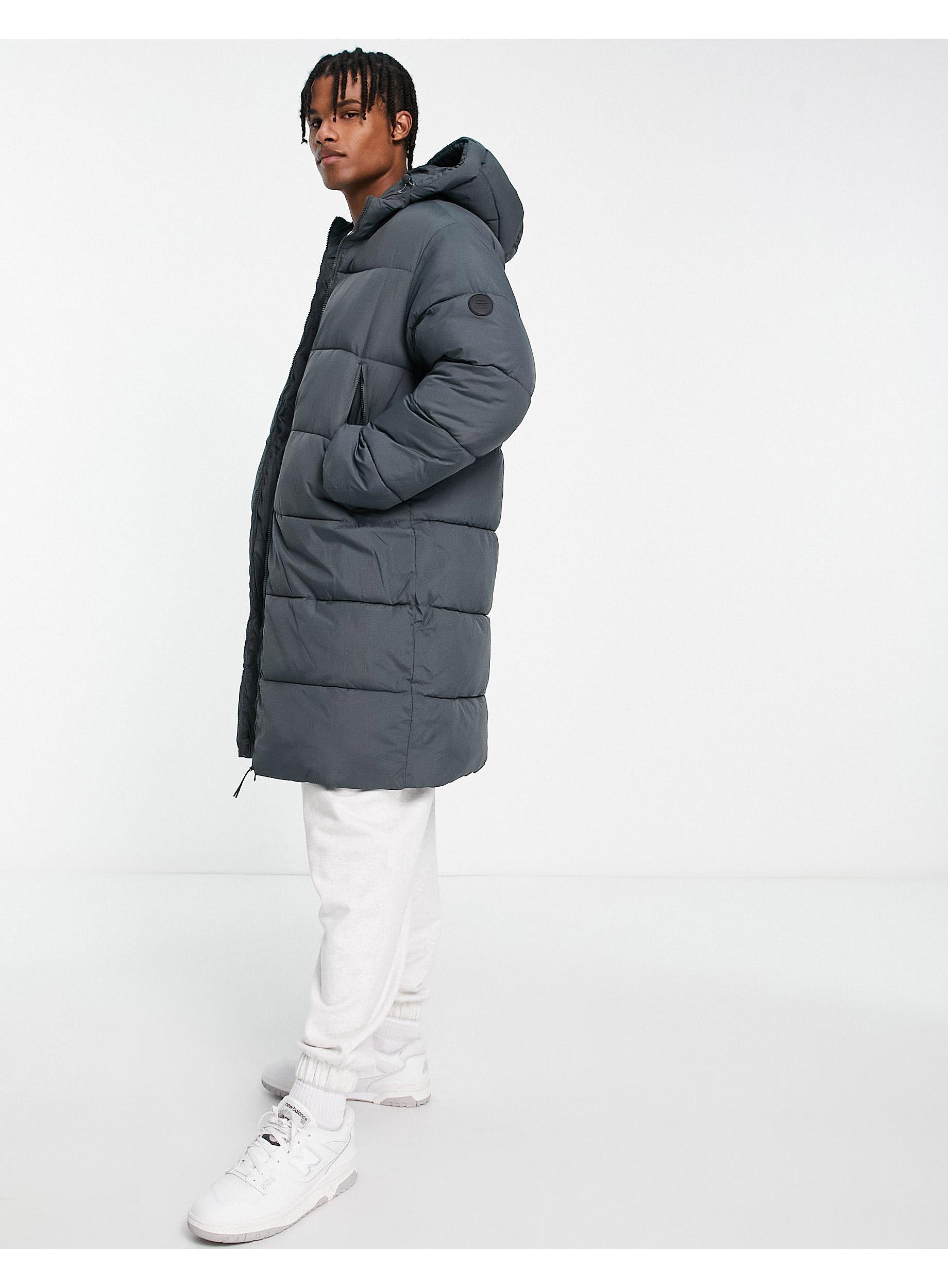 Pull&Bear Longline Puffer Jacket With Hood in Blue for Men | Lyst