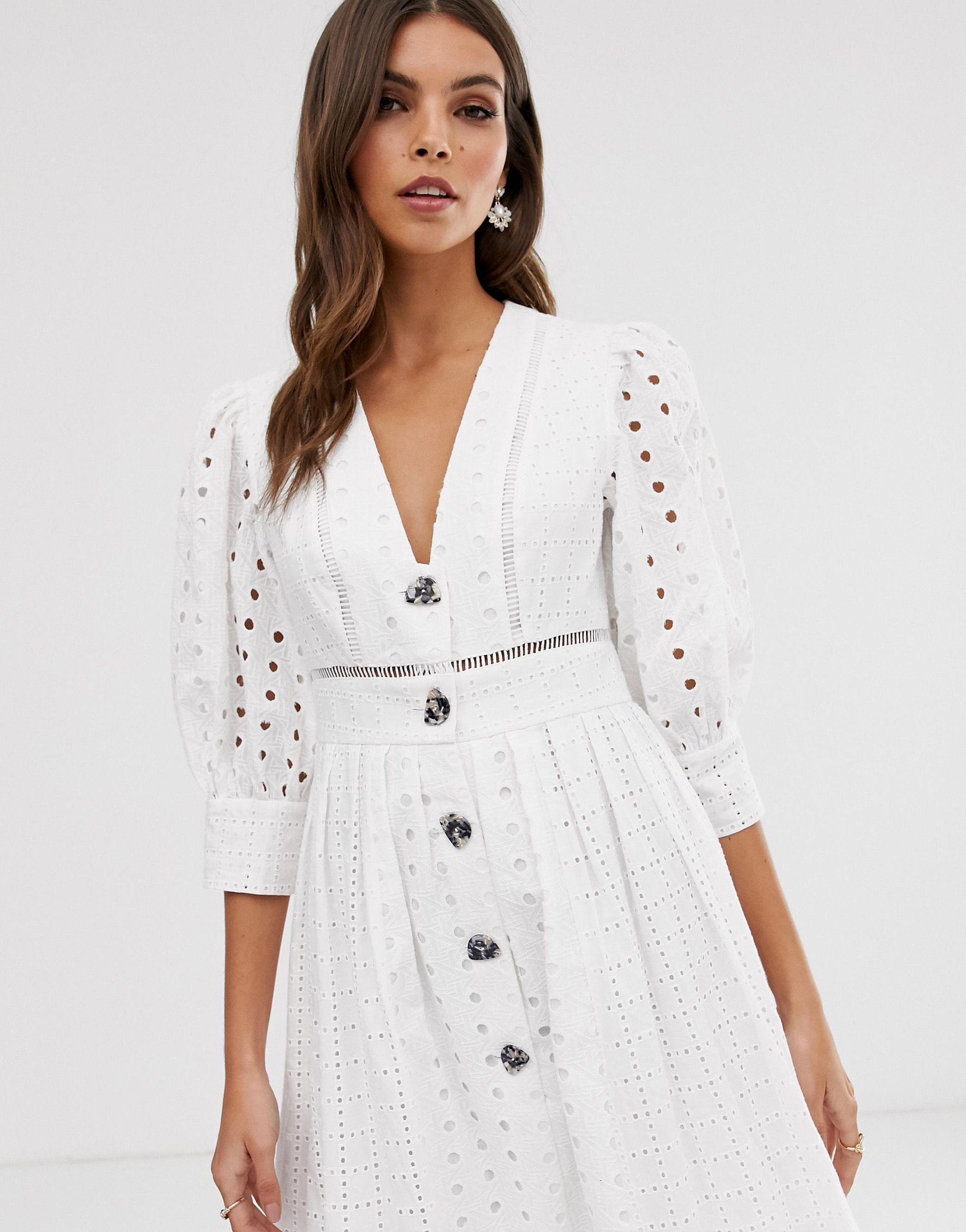 white button through midi dress