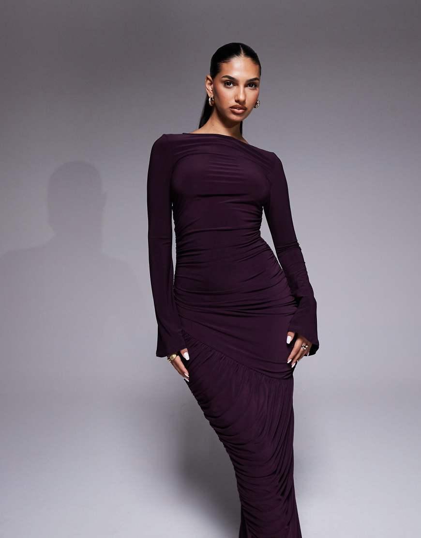 Vestito Lungo Modellante A Pannelli Color Prugna Con Maniche