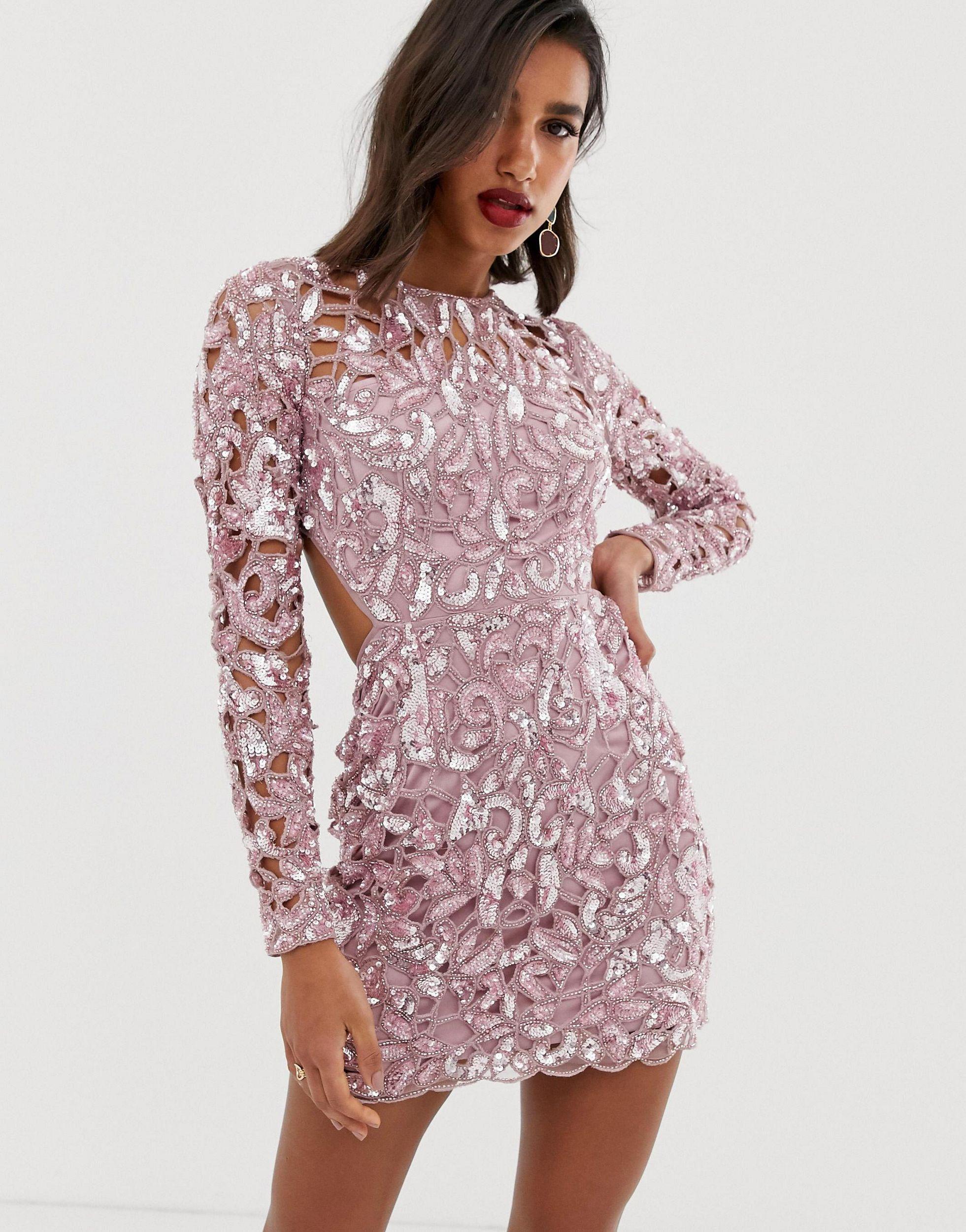 ASOS Synthetic Sequin Cutwork Open Back Mini Dress in Pink - Lyst