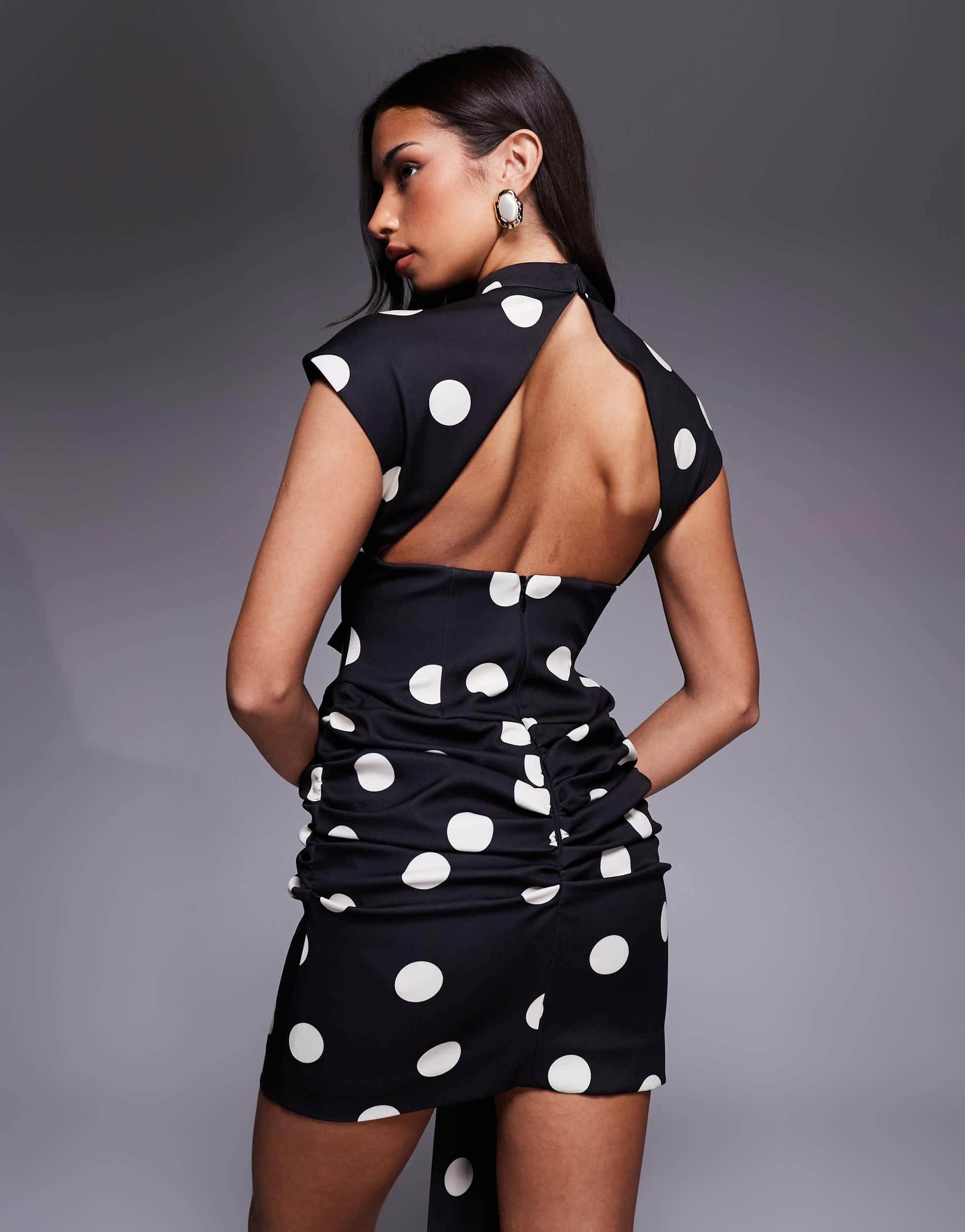 ASOS Polka Dot Mini Dress With Oversized Bow And Drape Detail in Blue | Lyst
