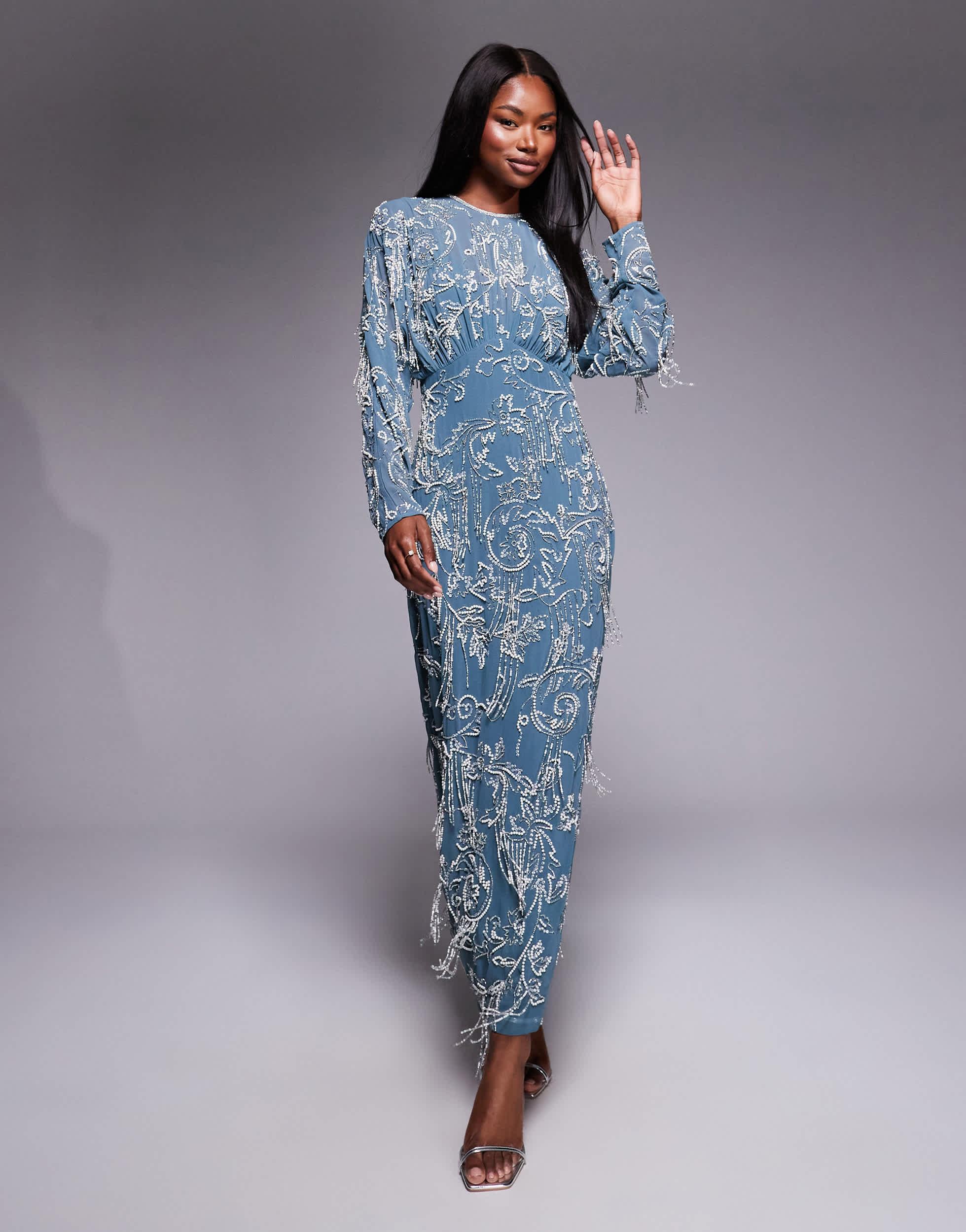 ASOS Long Sleeve All Over Fringe Embellished Maxi Dress in Blue | Lyst