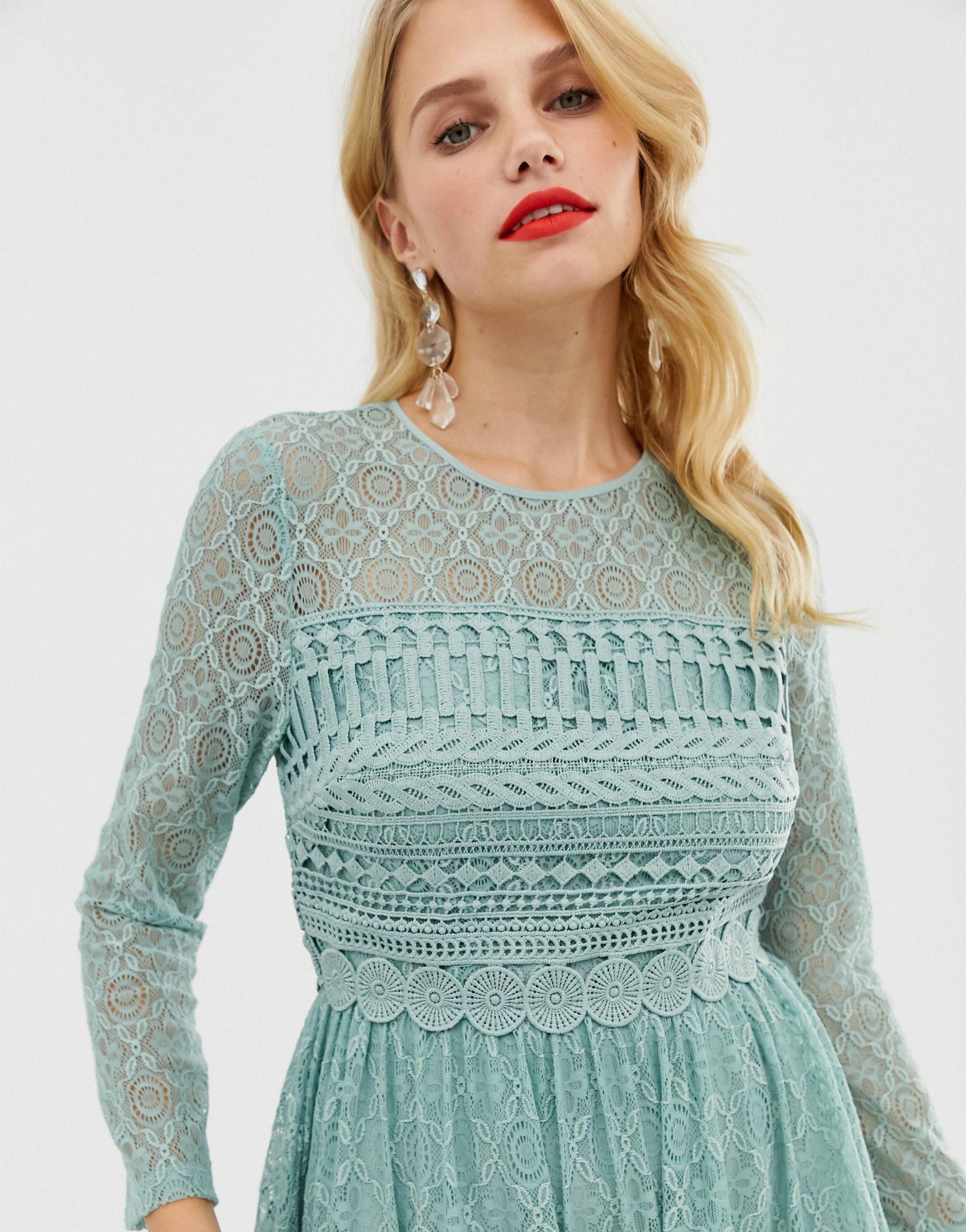 asos design premium lace mini skater dress with long sleeves