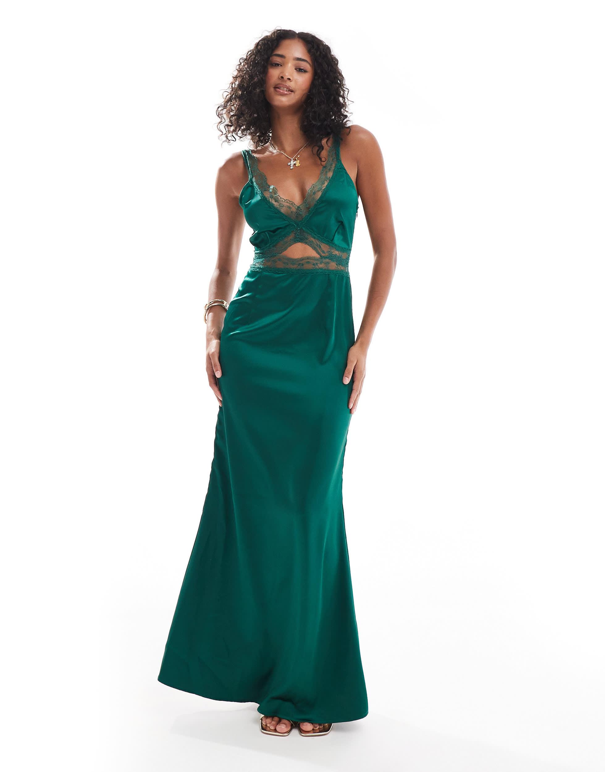 Never Fully Dressed Lace Cut-Out Slip Maxi Dress in Green | Lyst