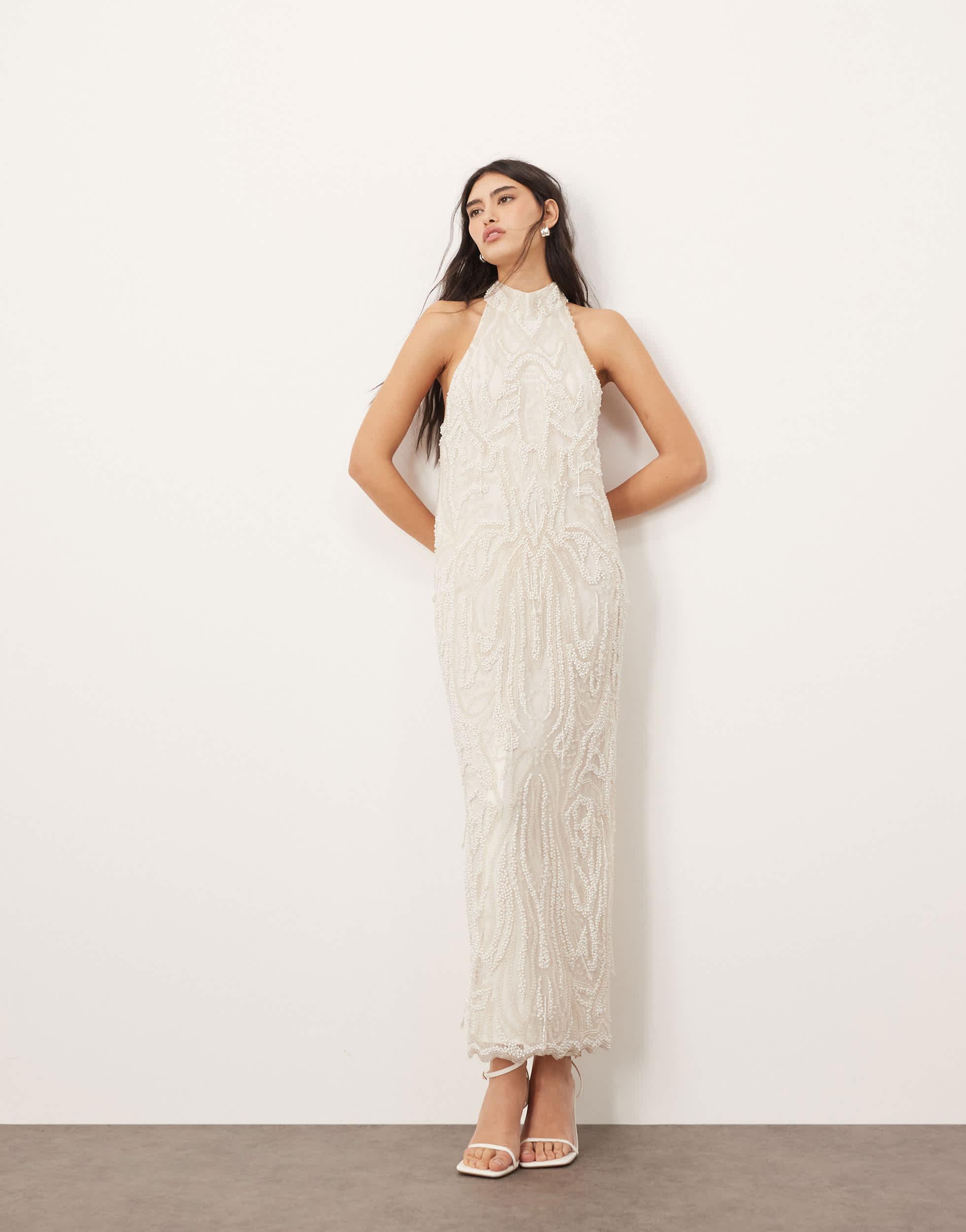 arrange embellished pearl crystal halter column maxi dress in white Halter Embellished Maxi Dress White
