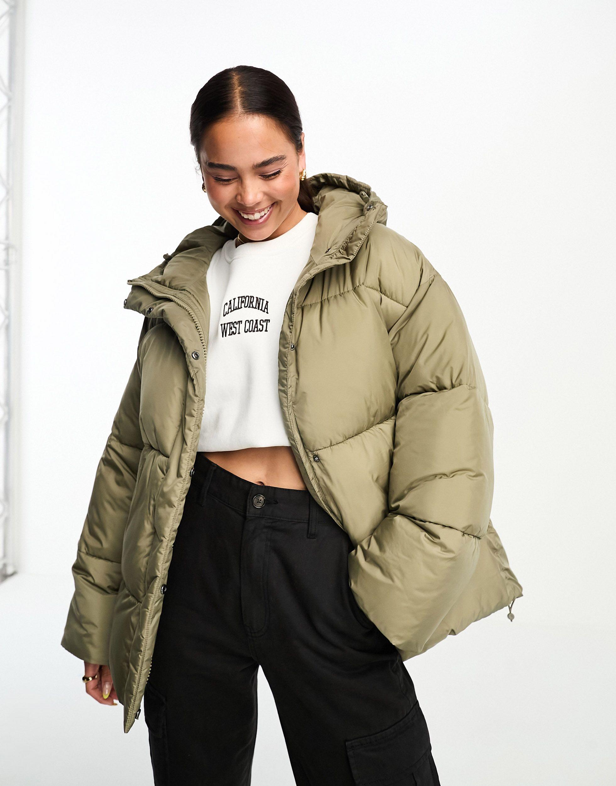 Monki Hooded Puffer Jacket in Natural | Lyst