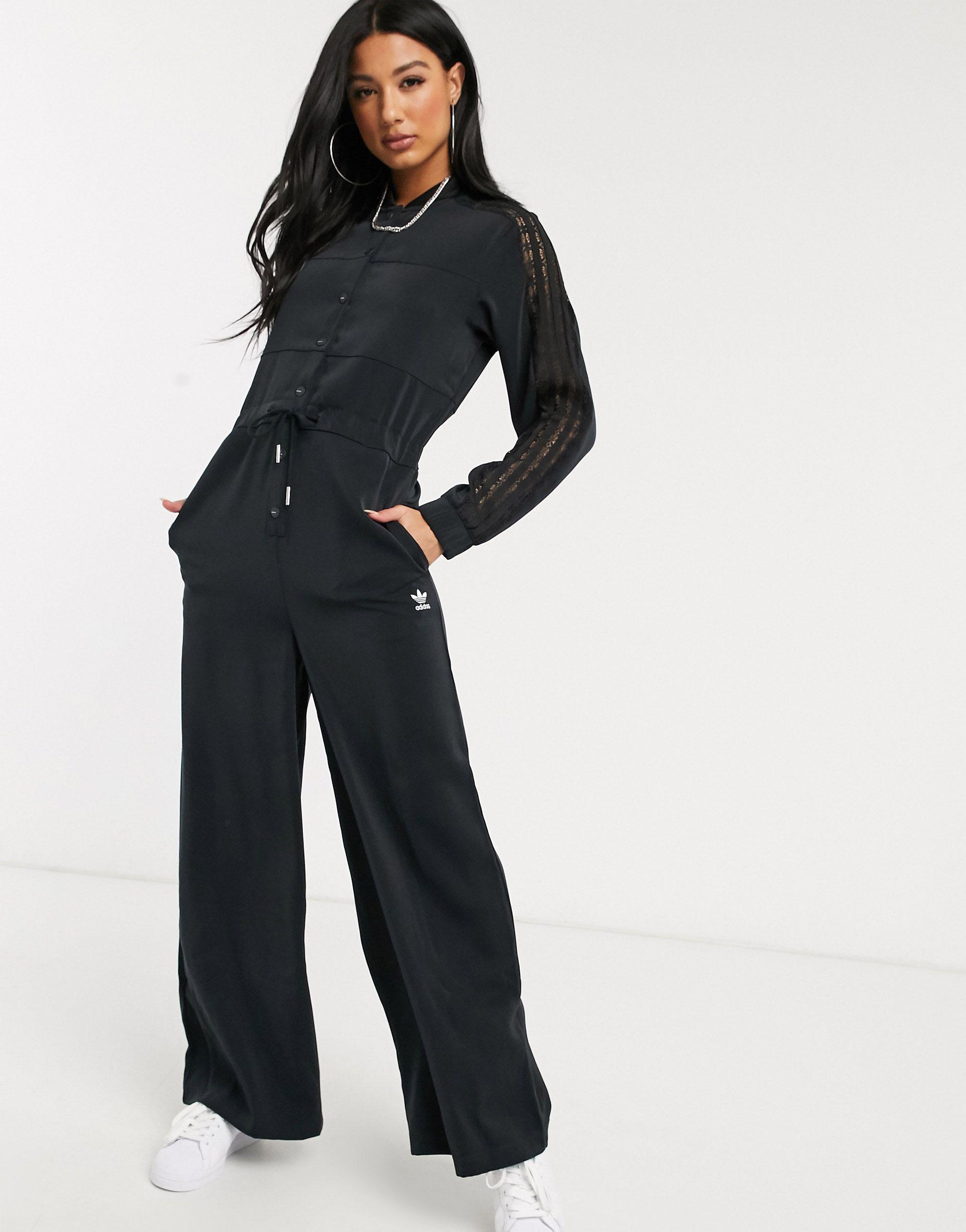 adidas Originals Bellista Lace Insert Jumpsuit in Black | Lyst