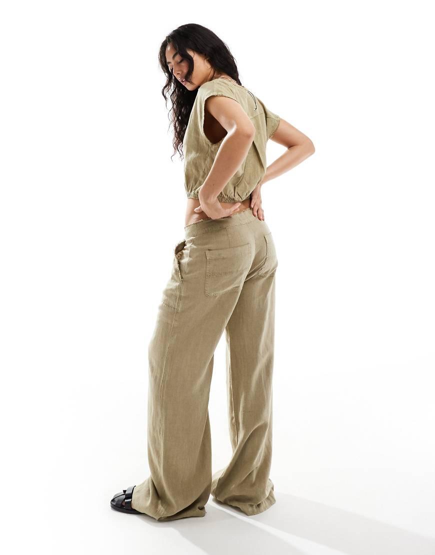 Pull&Bear Wide Leg Linen Trouser Co-ord With Raw Hem in Natural