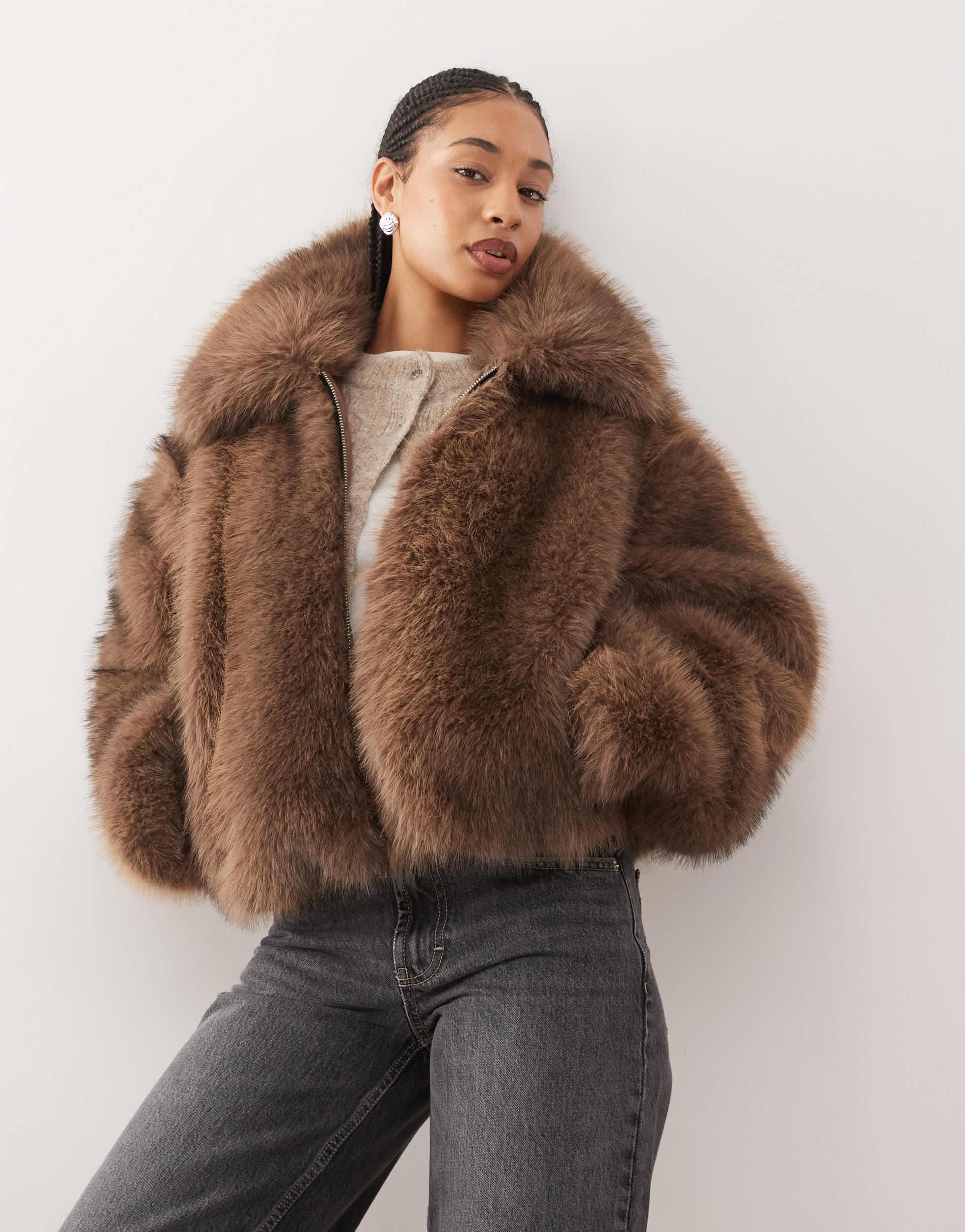 Monki Short Faux Fur Jacket in Brown | Lyst