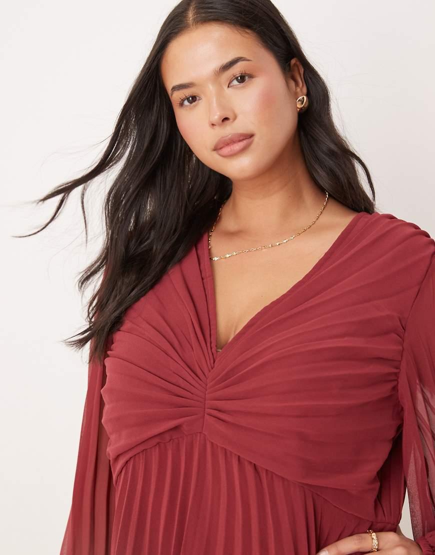 ASOS Asos Design Curve Pleated Bodice Plunge Neck Midi Dress in Red | Lyst  UK