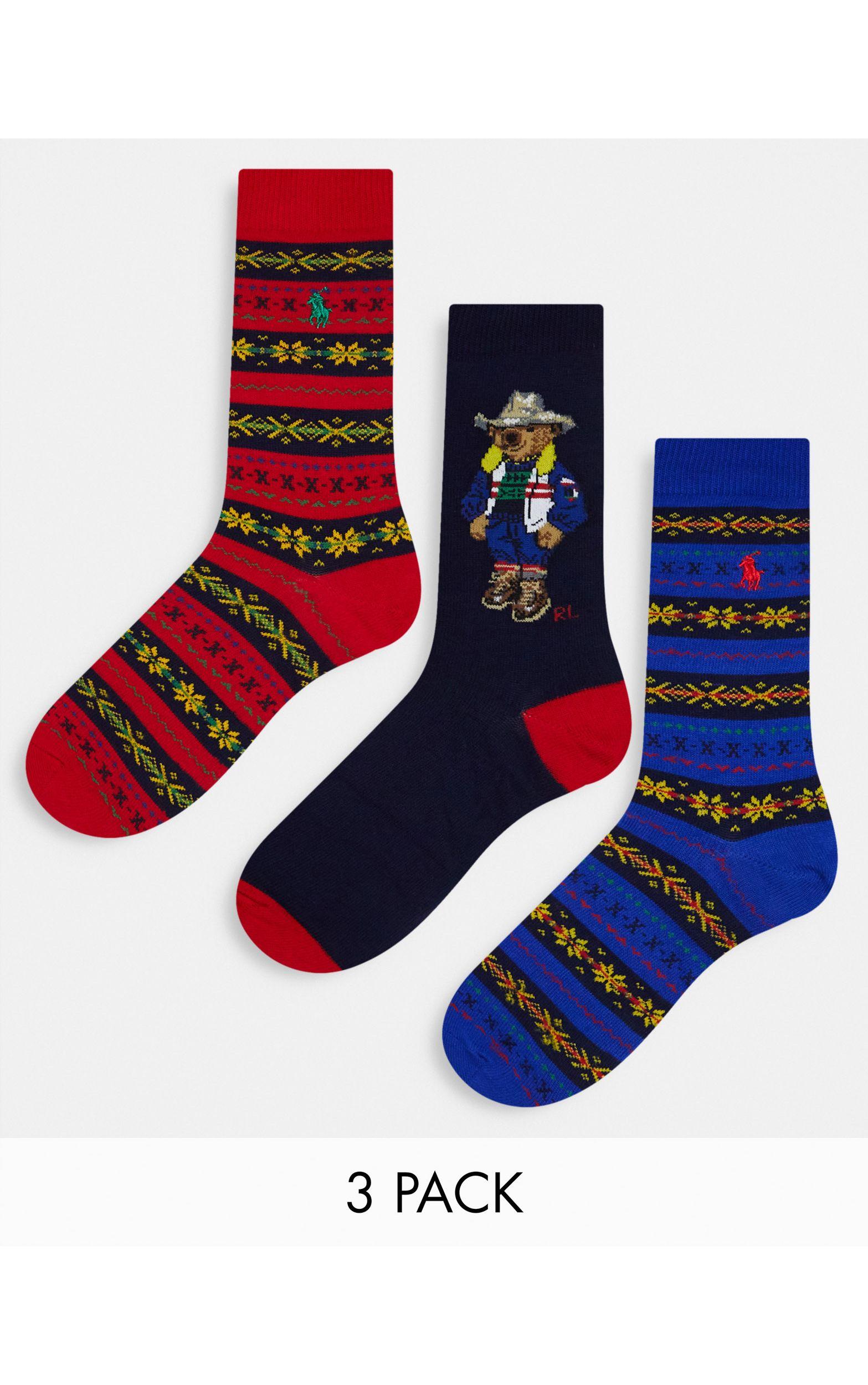 Polo Ralph Lauren 3pack Gift Box Socks With Print And Bear Logo in Red