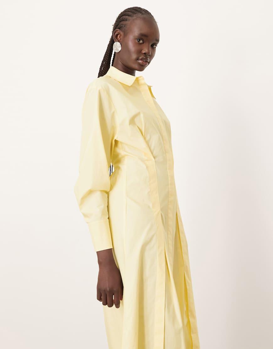 Vestido Camisero Midi Amarillo Pastel Con Cintura Entallada