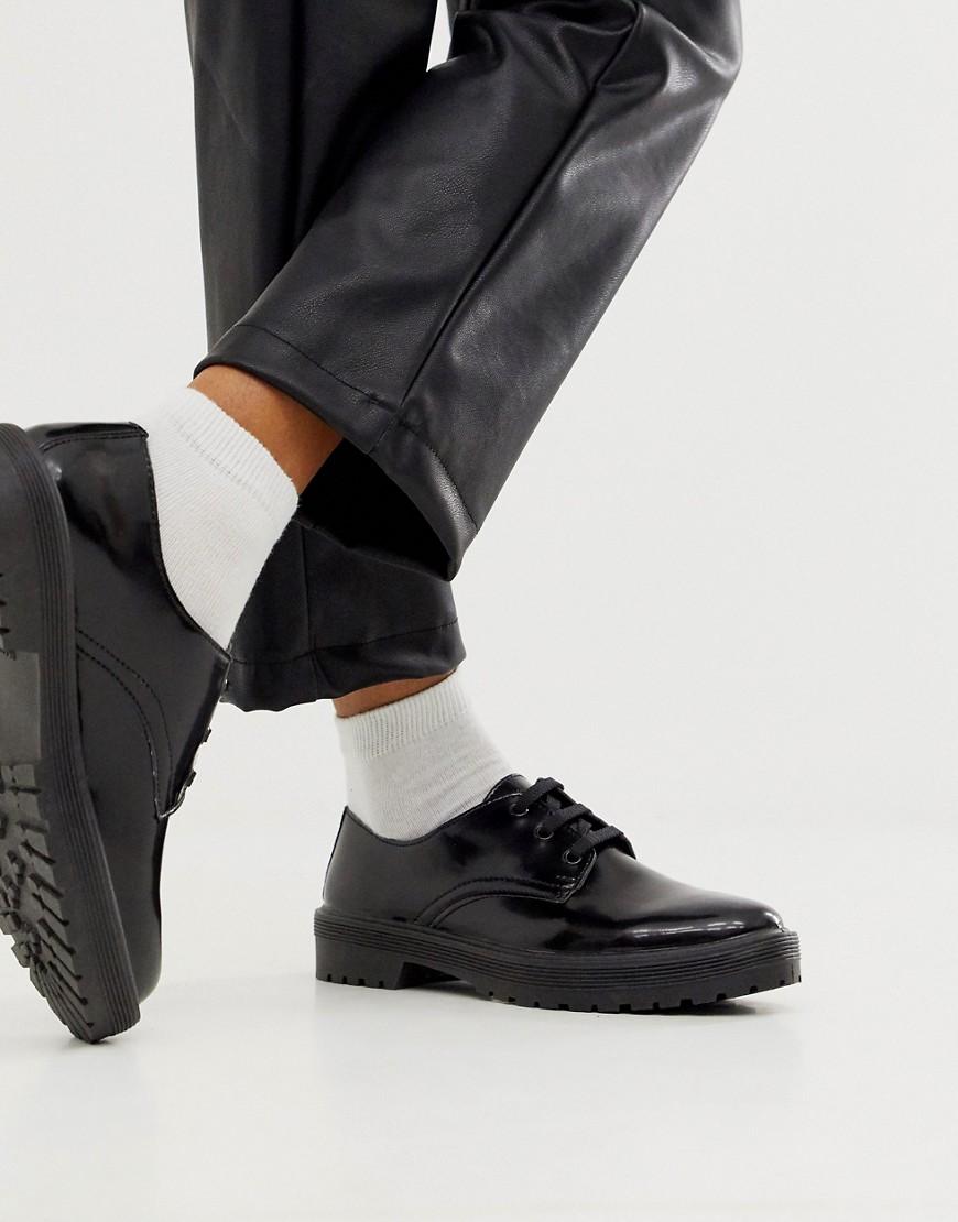 ASOS Leather Magazine Chunky Lace Up Flat Shoes In Black