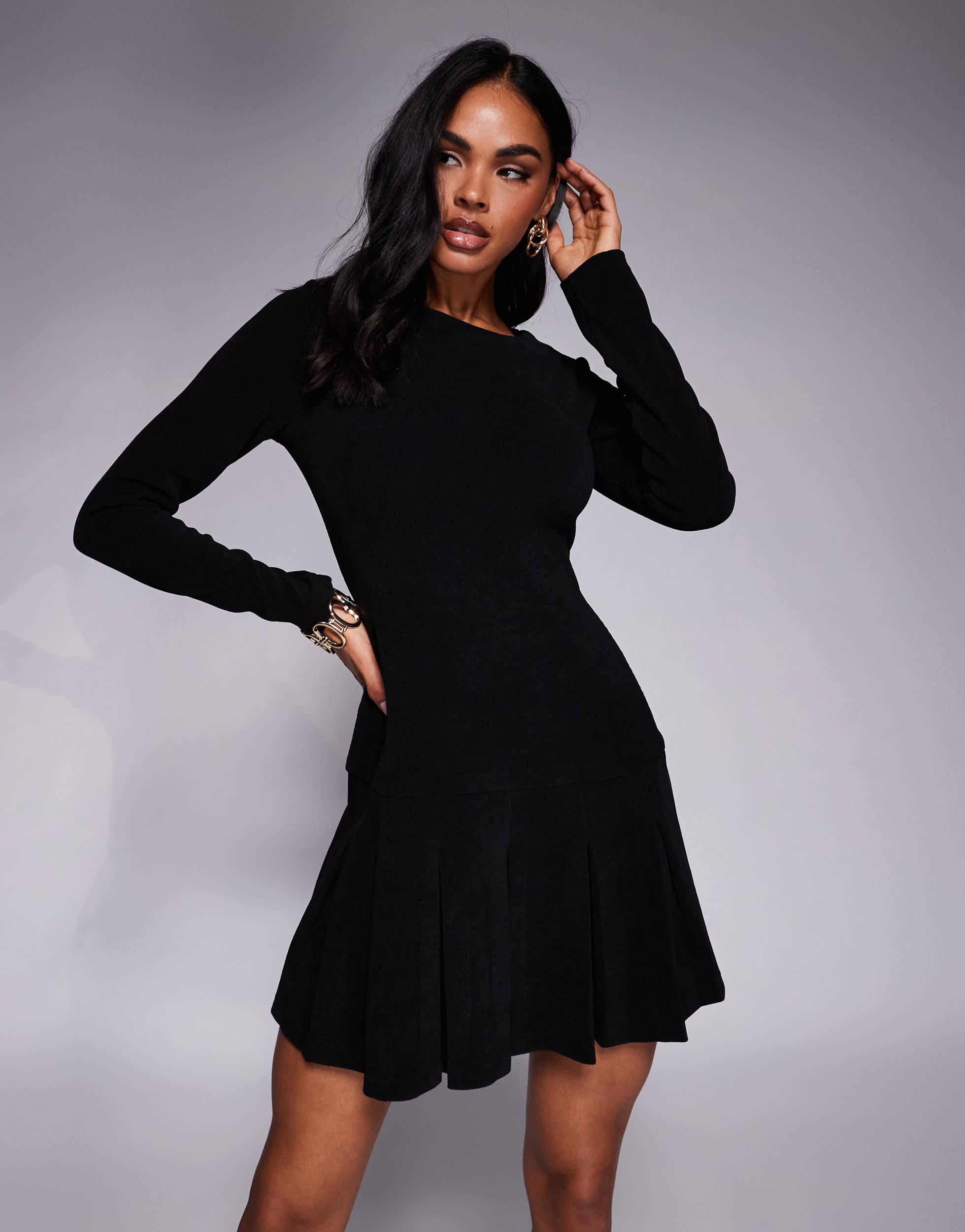 asos black pleated dress Cord Drop Waist Mini With Skirt in SIZE:AU 18 Skyraze Women's Black White keyhole back adds a collection: black-suits