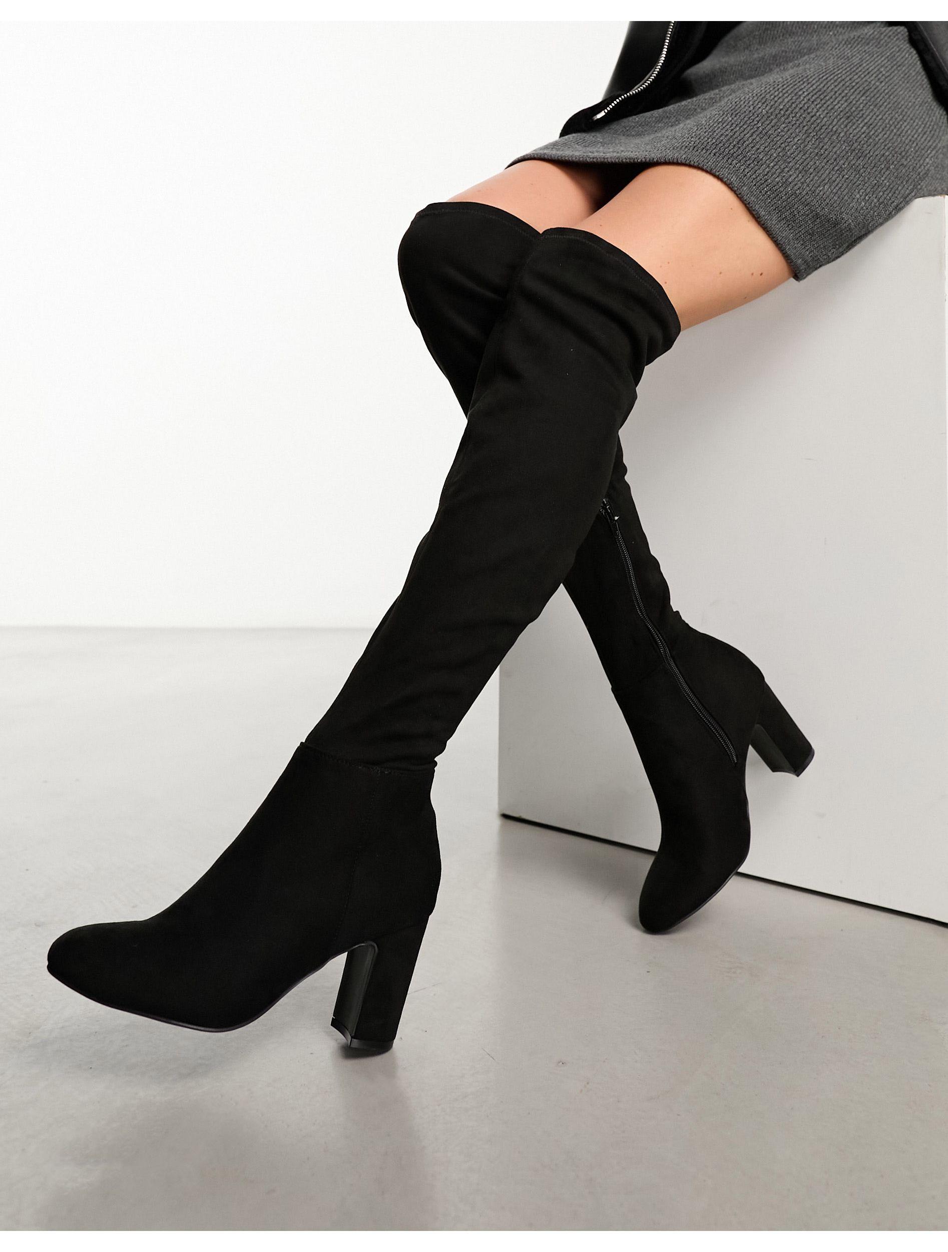 New Look Wide Fit Black Leather-Look Block Heel Boots - ShopStyle