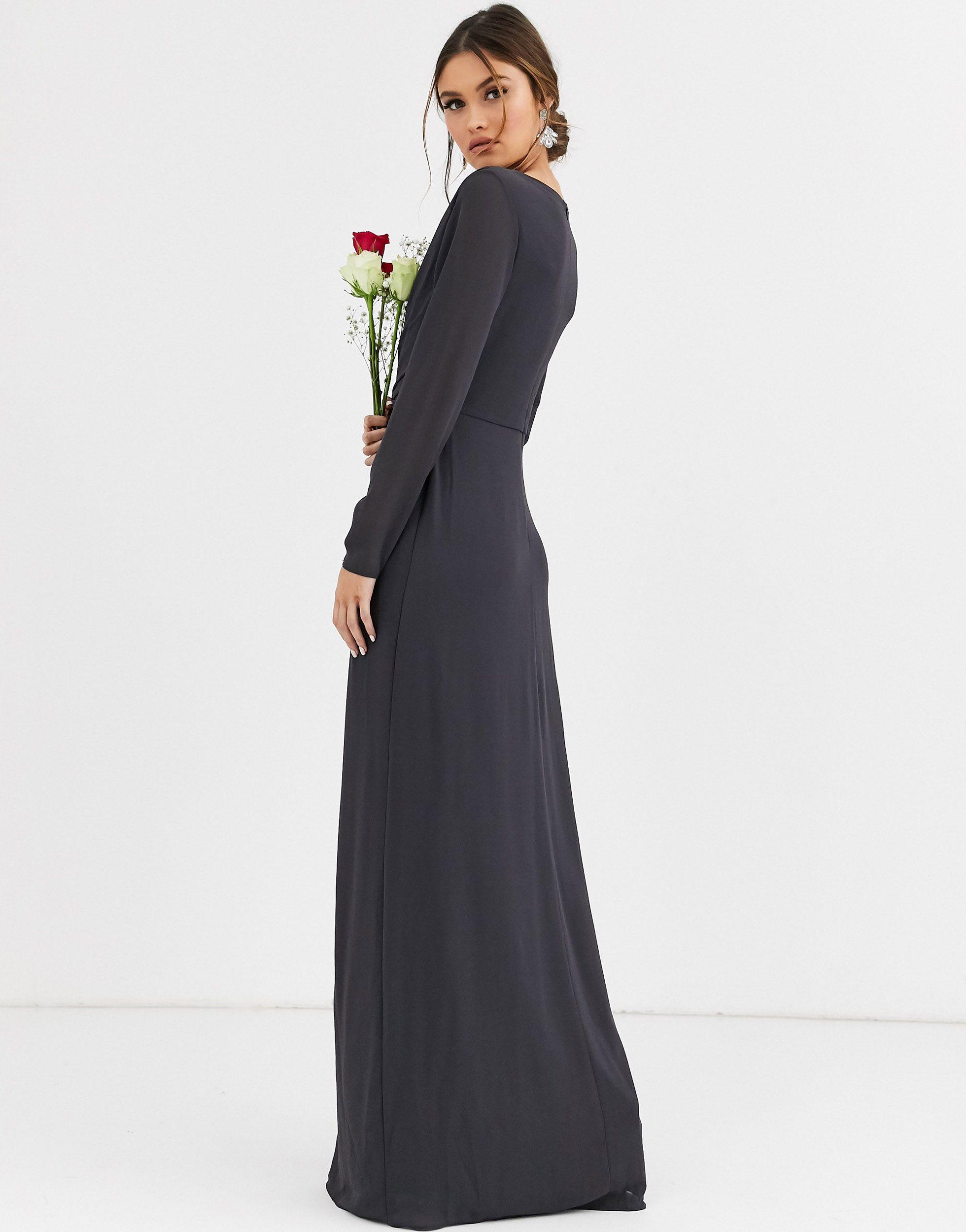 tfnc sateen bow back maxi bridesmaid dress in grey