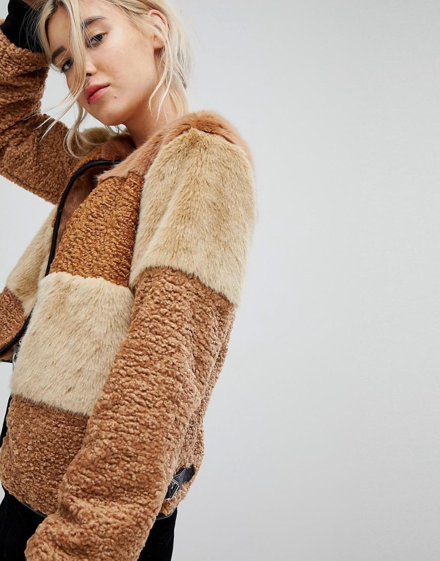 red patchwork fuzzy hooded coat