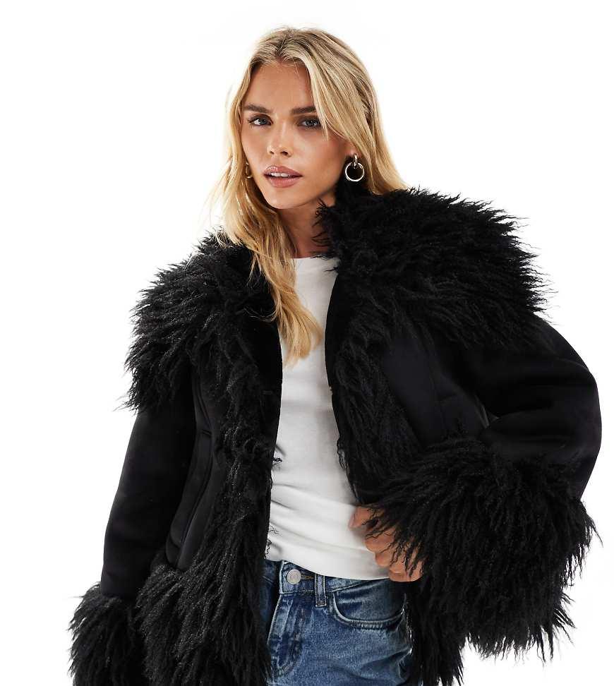 ASOS Asos Design Petite Penny Lane Faux Fur Trim Coat in Black