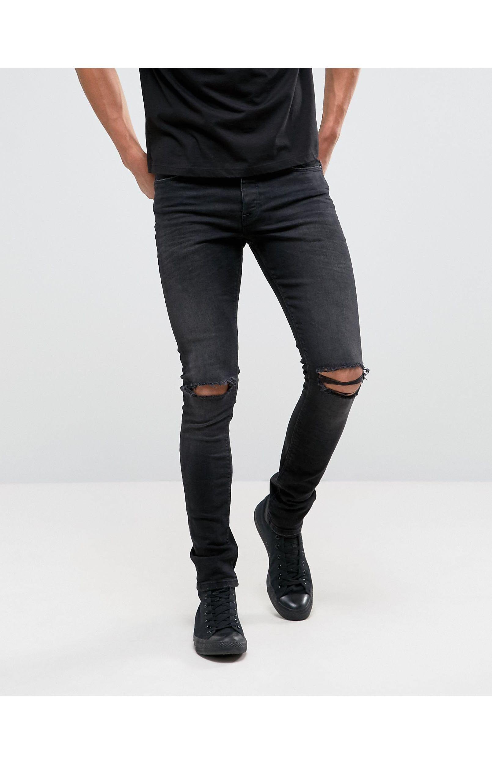 ASOS Denim Super Skinny 12.5oz Jeans With Knee Rips In Washed Black for ...