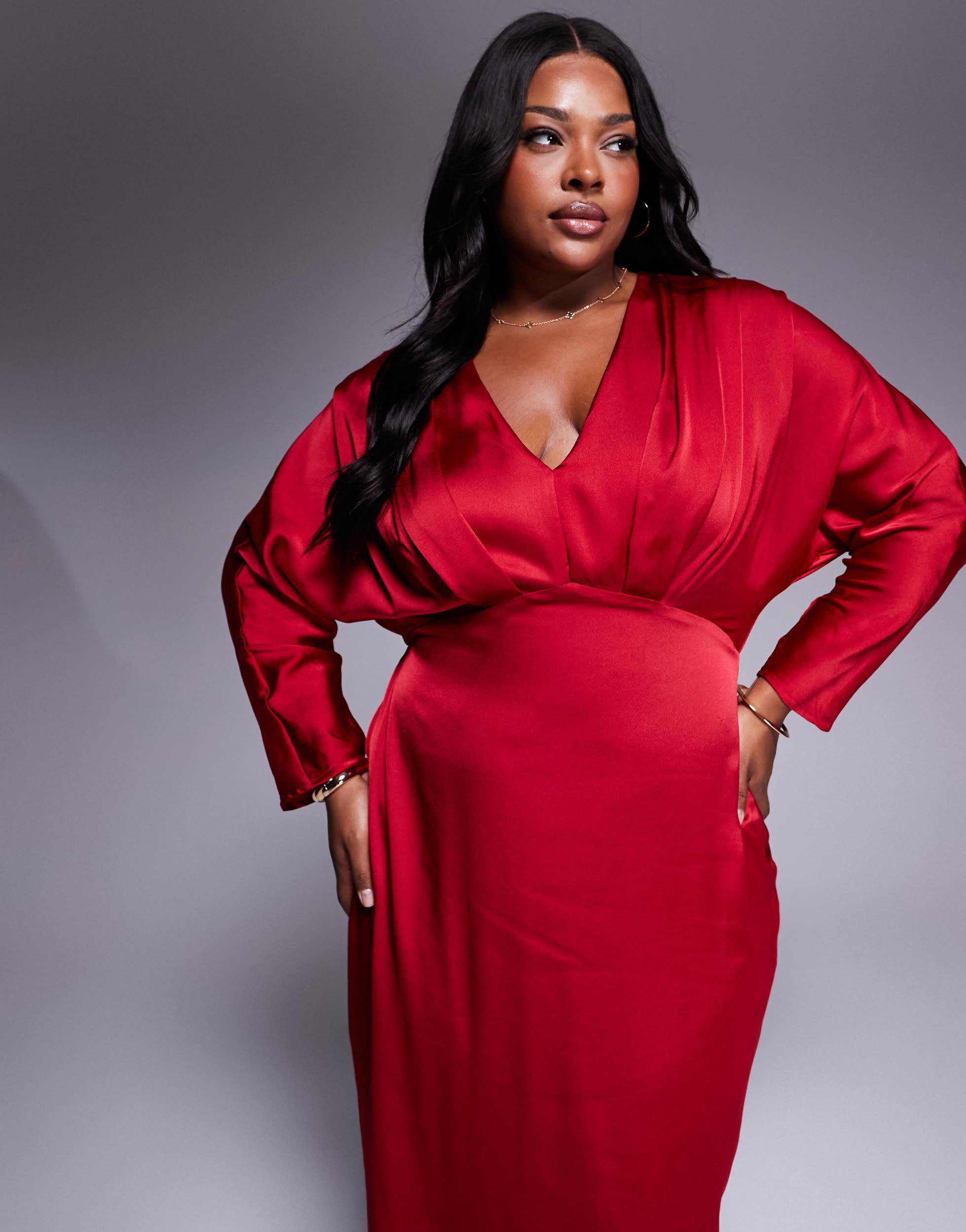 Tfnc Plus Satin Kimono Sleeve Maxi Dress in Red Lyst