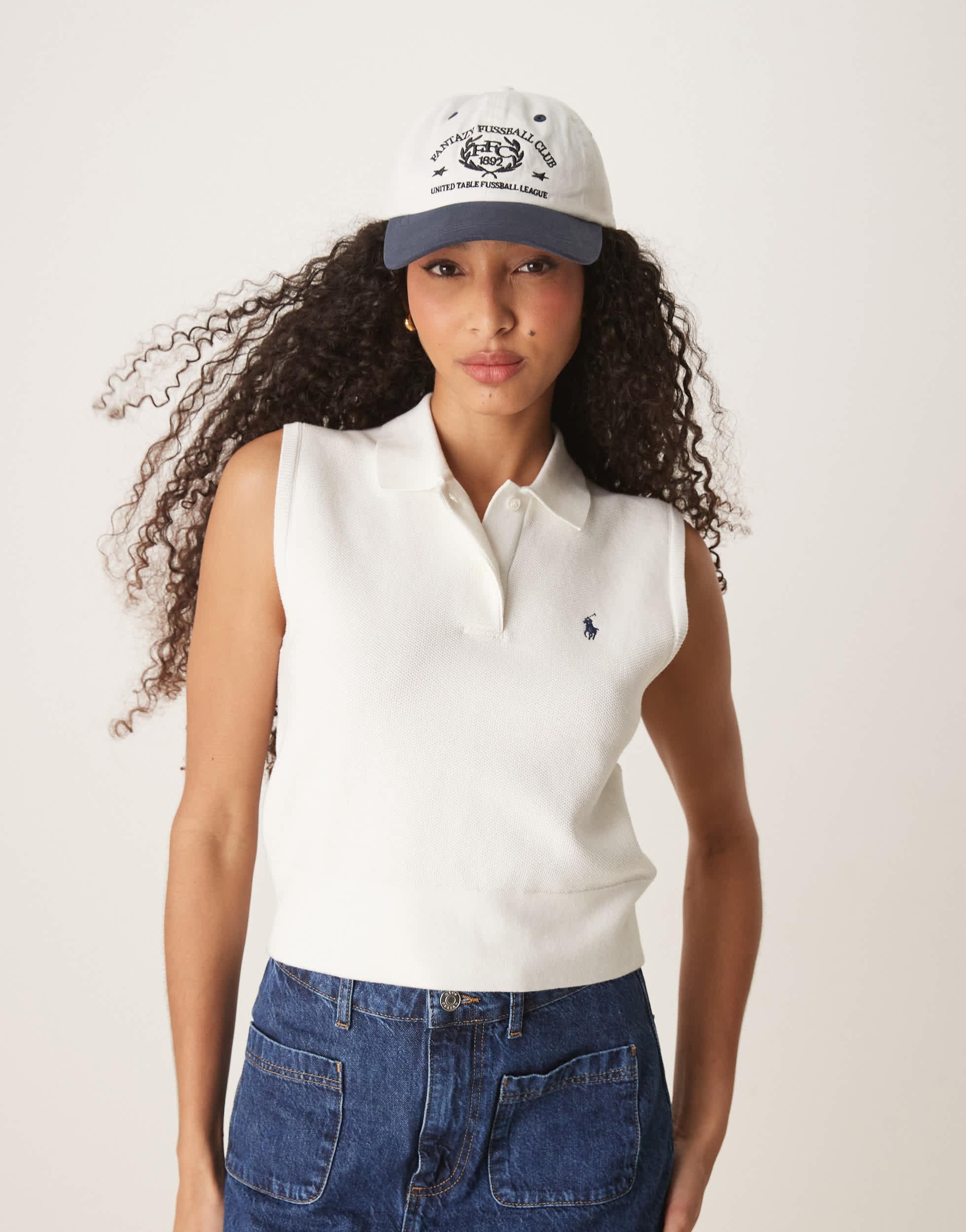 Polo Ralph Lauren Icon Logo Cropped Sleeveless Polo Shirt in White