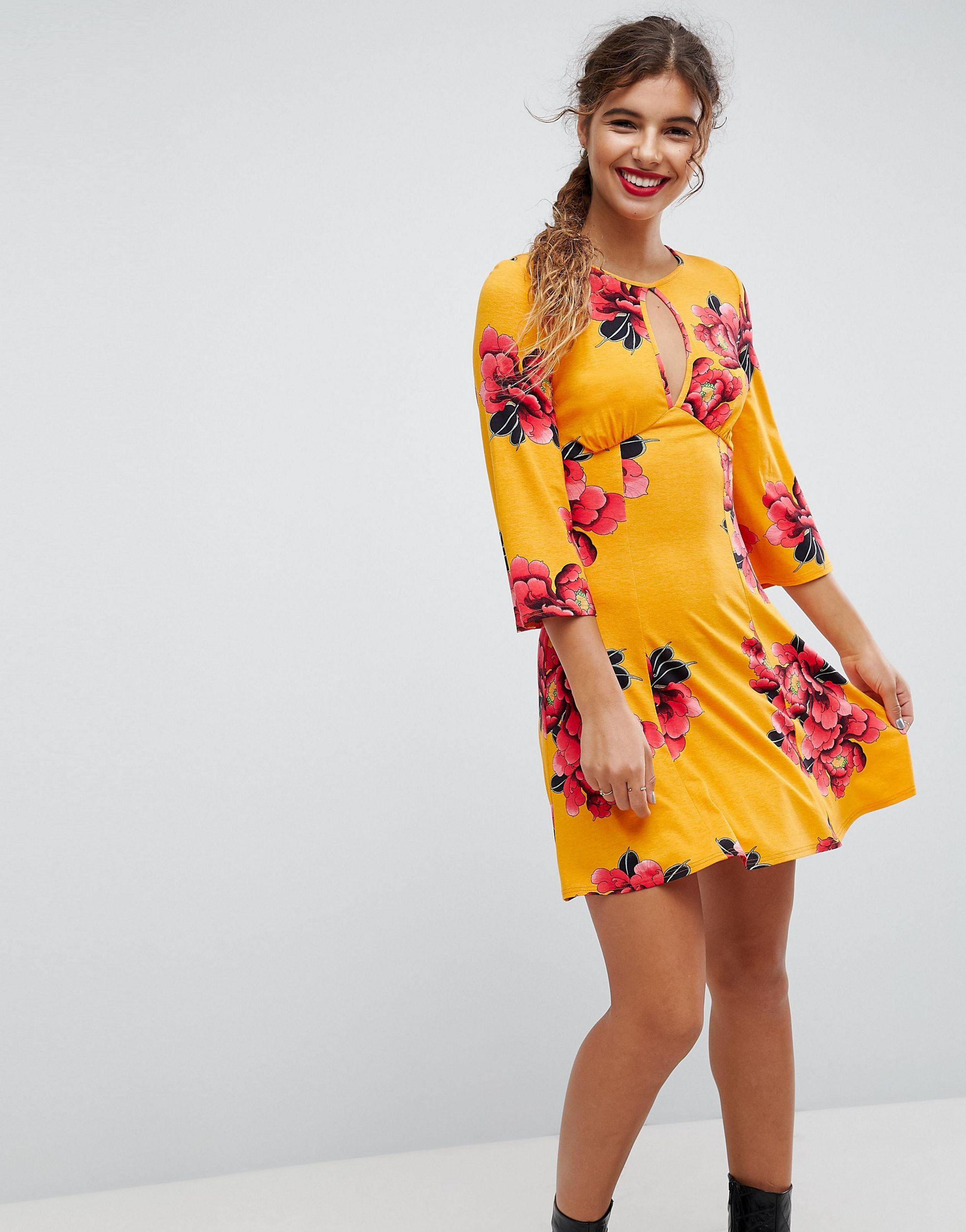 ASOS Denim Asos Mini Tea Dress With Fluted Sleeves - Lyst
