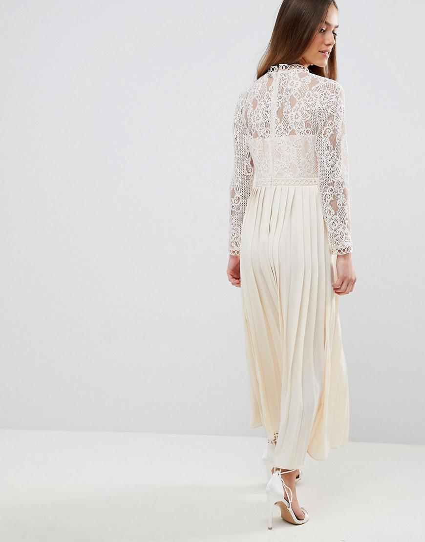little mistress embroidered lace top midaxi dress with pleated skirt
