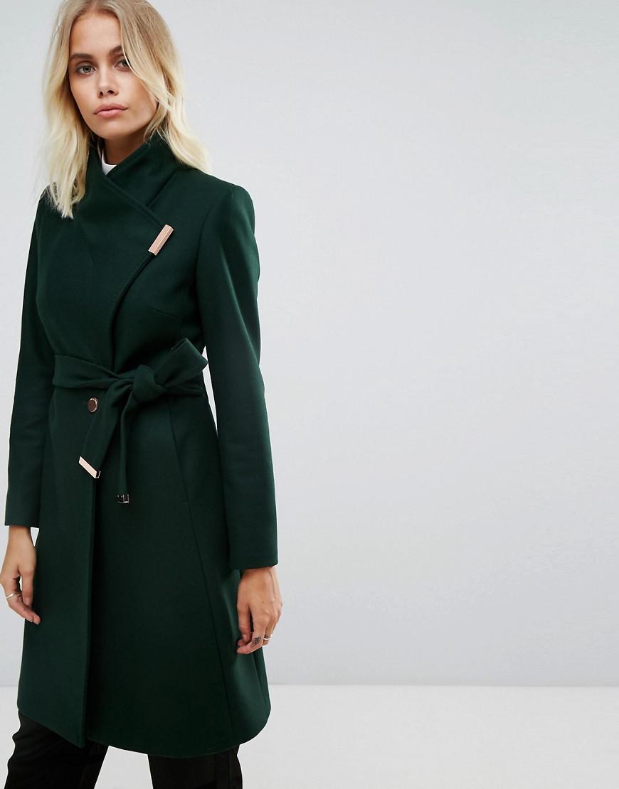 Ted Baker Long Wrap Coat With Collar in Green | Lyst