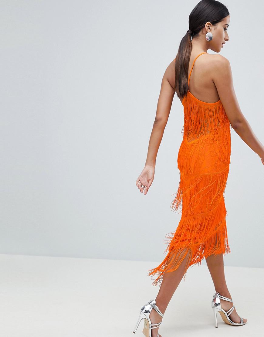 ASOS Fringe & Lace Plunge Bodycon Midi Dress in Orange | Lyst