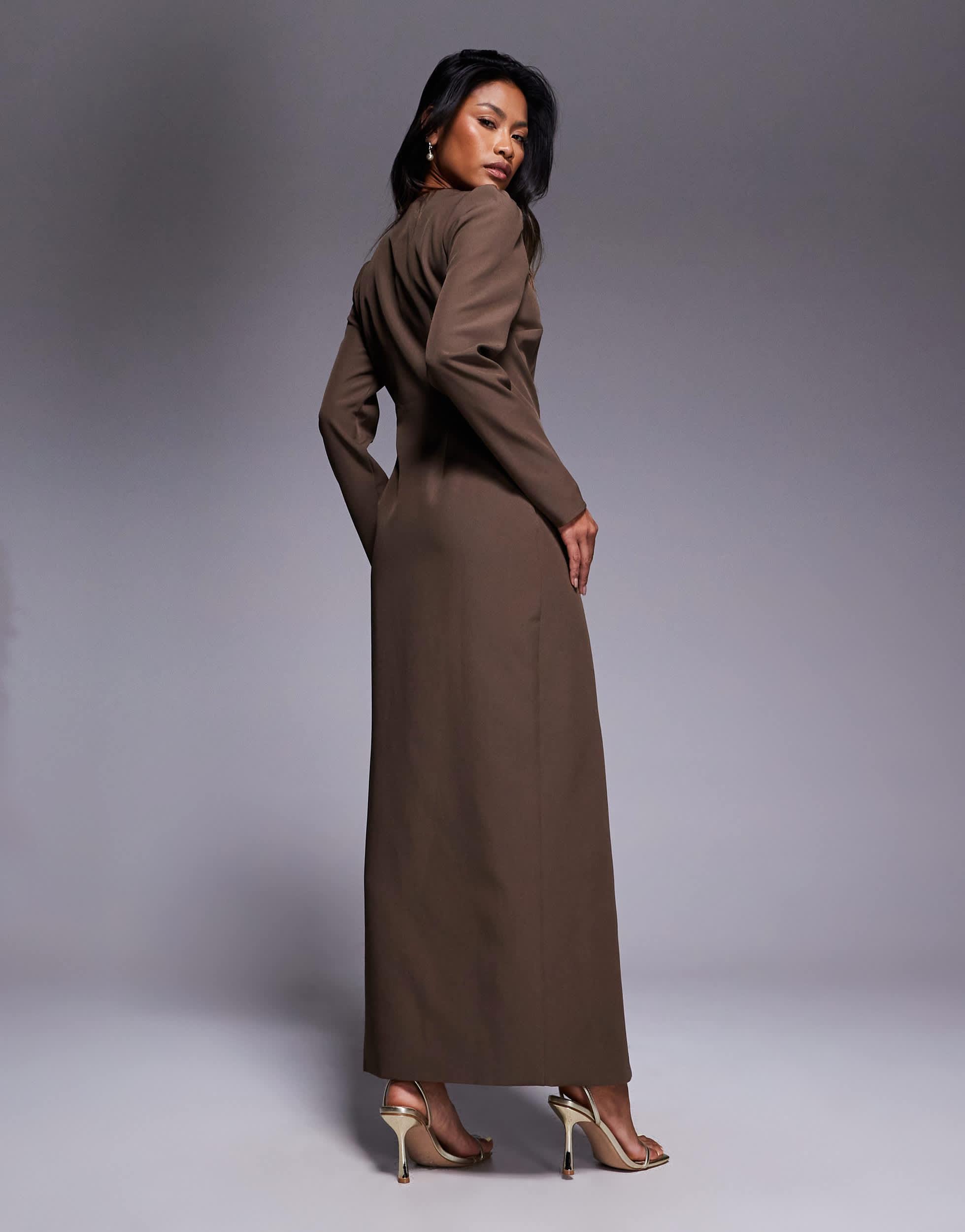 tailored brown dress Kaiia Exclusive Long Sleeve Button Up Maxi in Style with strappy heels Mens Fedora Hats Champagne Floor Length Simple FRAME:Rolled Canvas