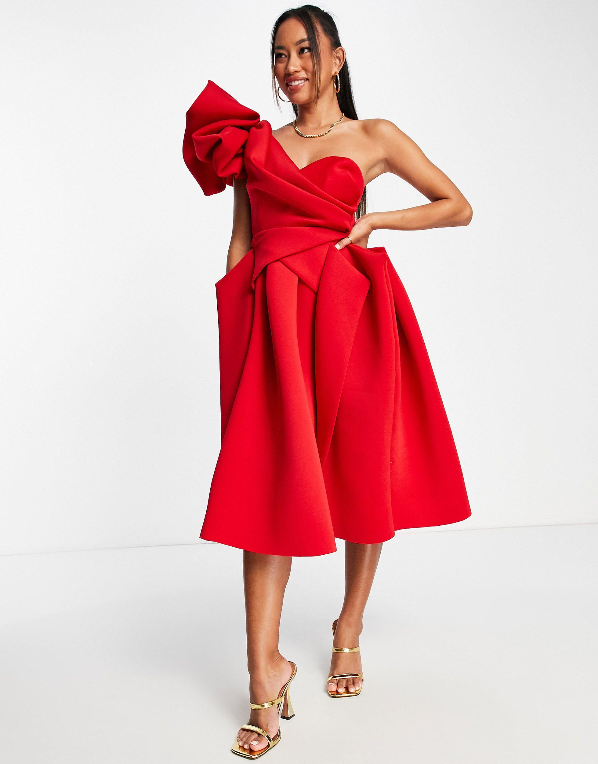 ASOS One Shoulder Origami Midi Prom Dress in Red | Lyst