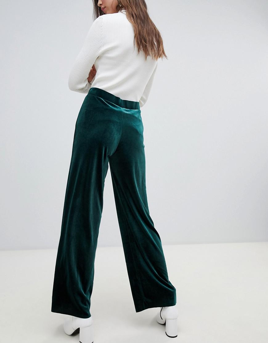 Monki Velvet Wide Leg Trousers in Green 