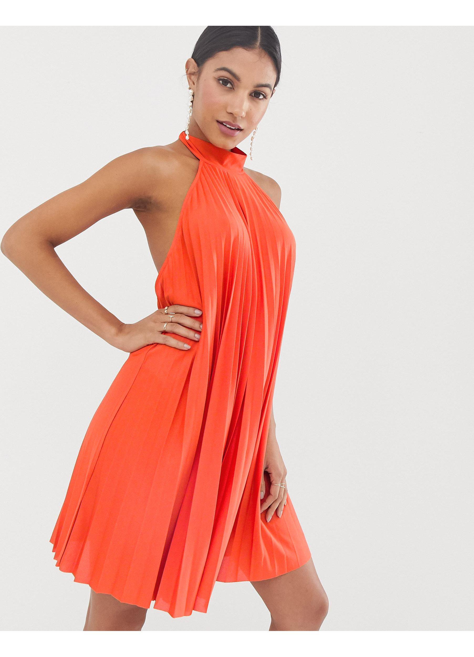 ASOS Synthetic Backless Halter Pleated Mini Dress in Orange | Lyst Canada