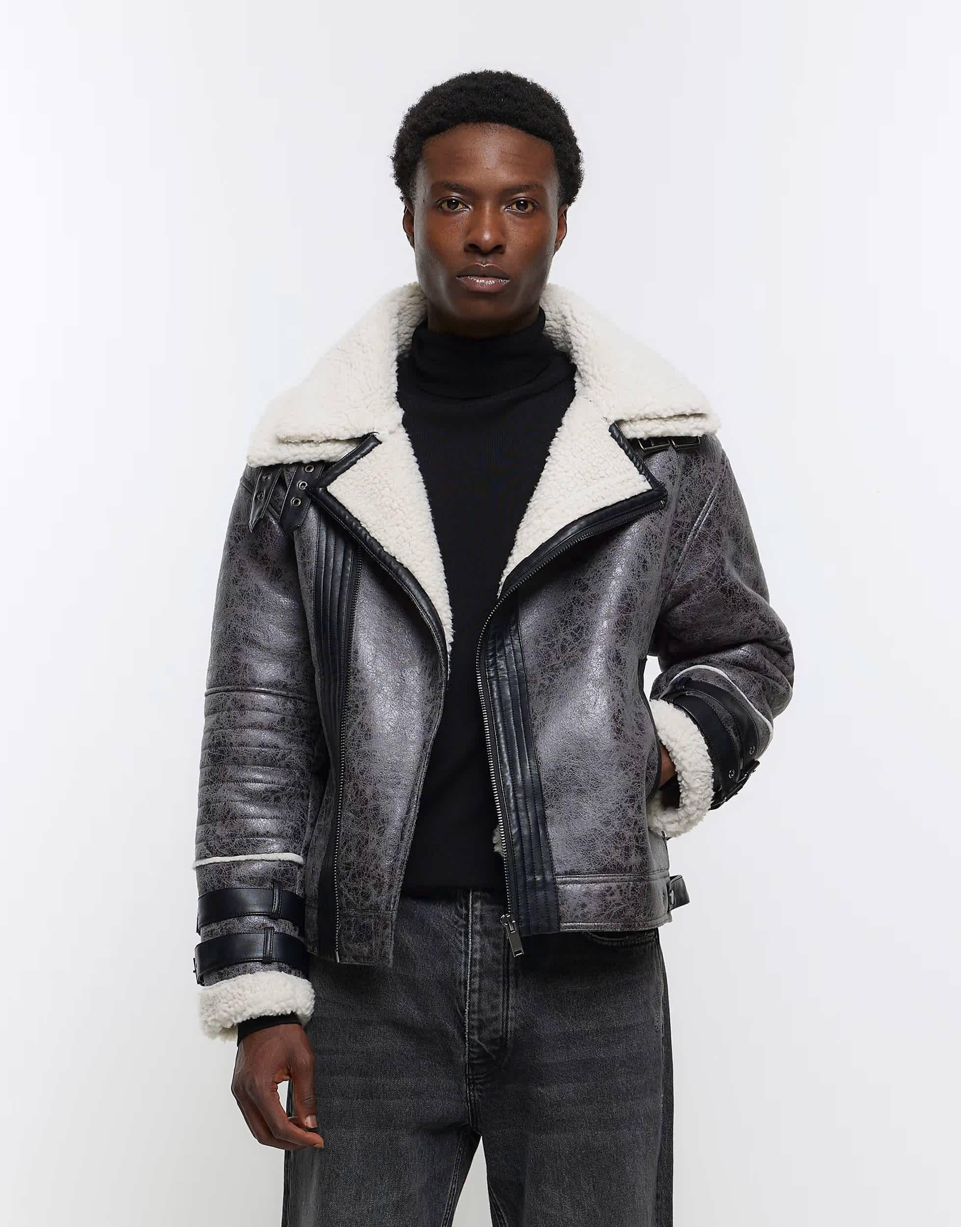 River Island Crackle Faux Shearling Aviator Jacket in Grey for Men