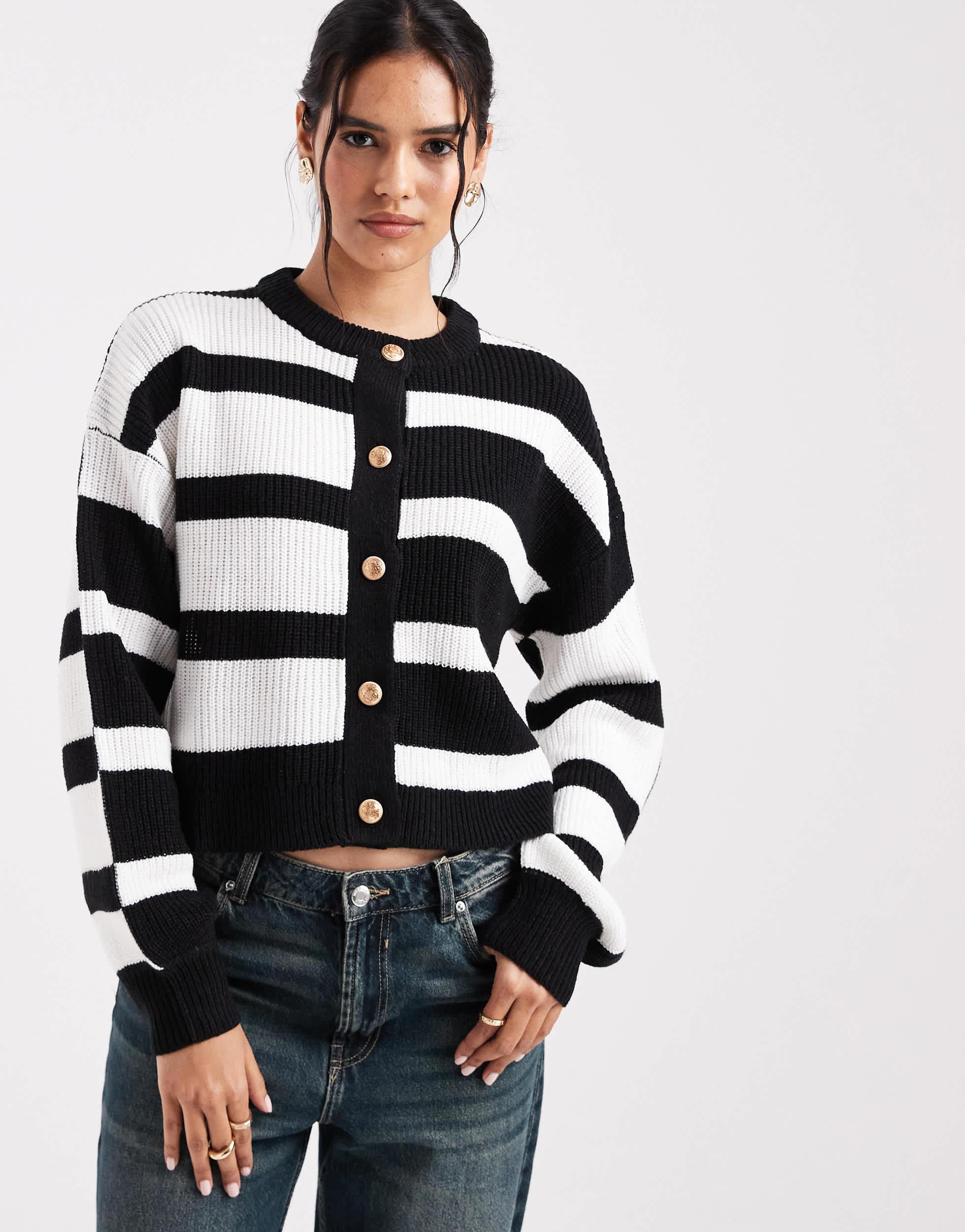 Asos Black White Striped Cardigan ASOS DESIGN Knitted Crew Neck
