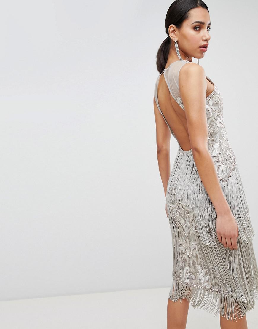 A Star Is Born Embellished Midi Dress With Tassel Detail in Silver  (Metallic) | Lyst