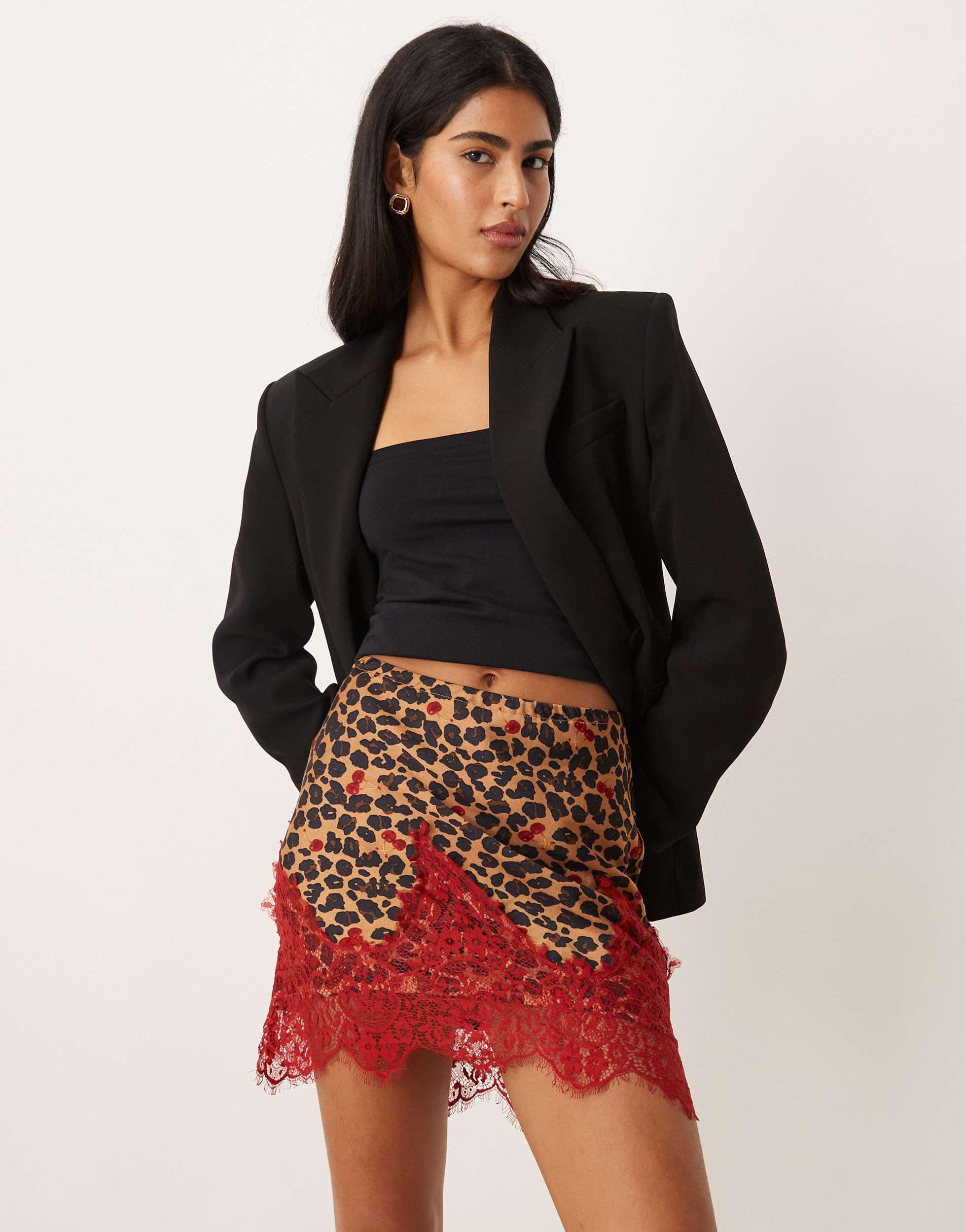 never fully dressed lace skirt Never Fully Dressed Maeva Satin Red Lace Trim Mini Skirt