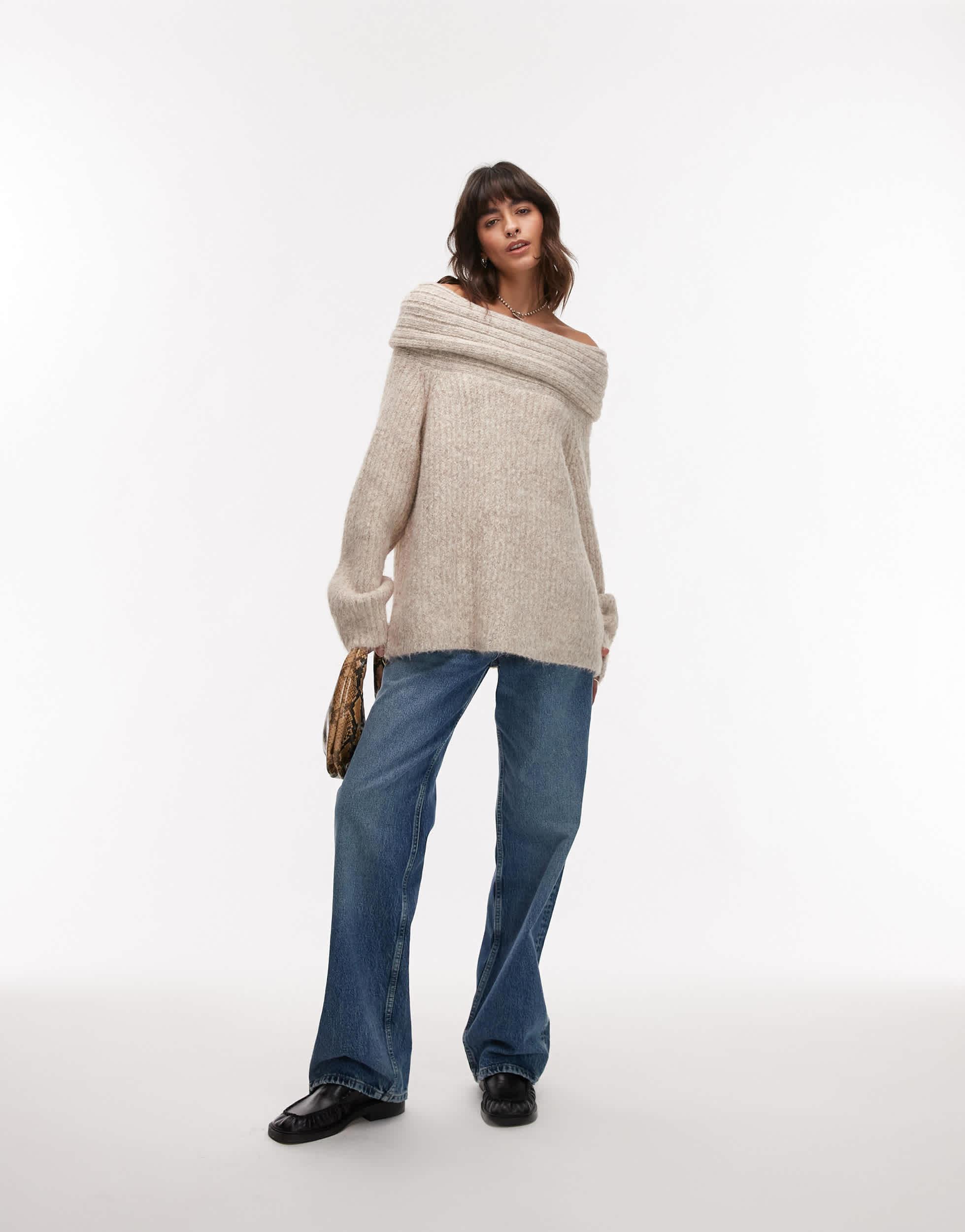 TOPSHOP Chunky Off The Shoulder Oversized Jumper in Natural Lyst