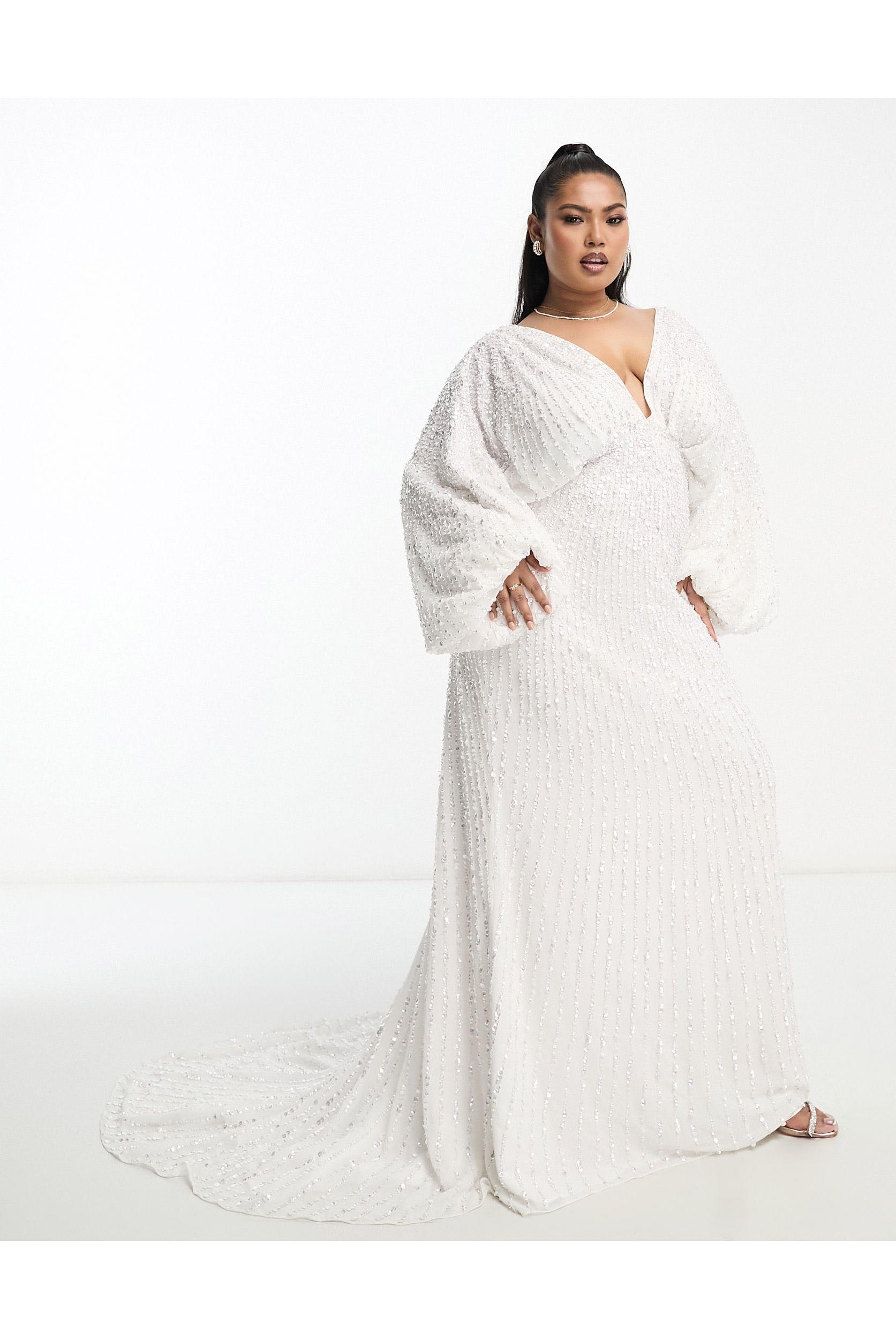 ASOS Curve Lennox Sequin Blouson Sleeve Wedding Dress With Train in White |  Lyst Canada