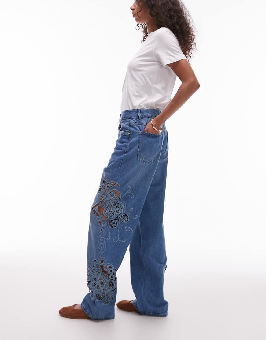 TOPSHOP Column Mid Rise Jean With Cutwork Detail in Blue Lyst UK