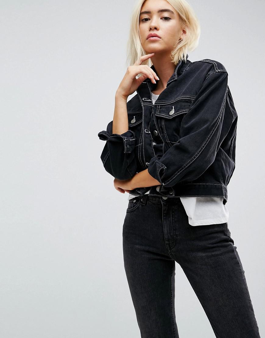 ASOS Denim Jacket In Black With Contrast Threads - Lyst