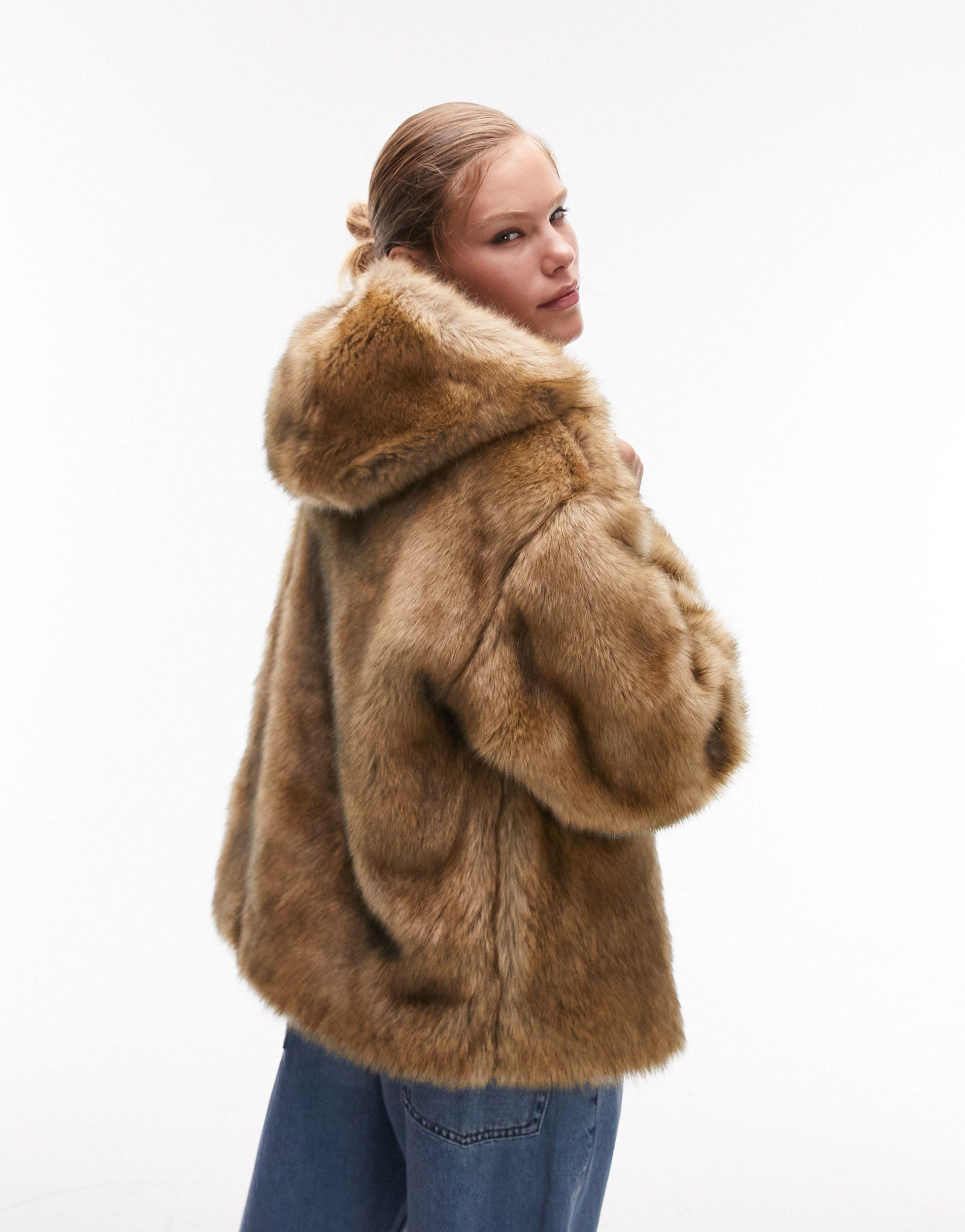 TOPSHOP Hooded Faux Fur Coat in Brown