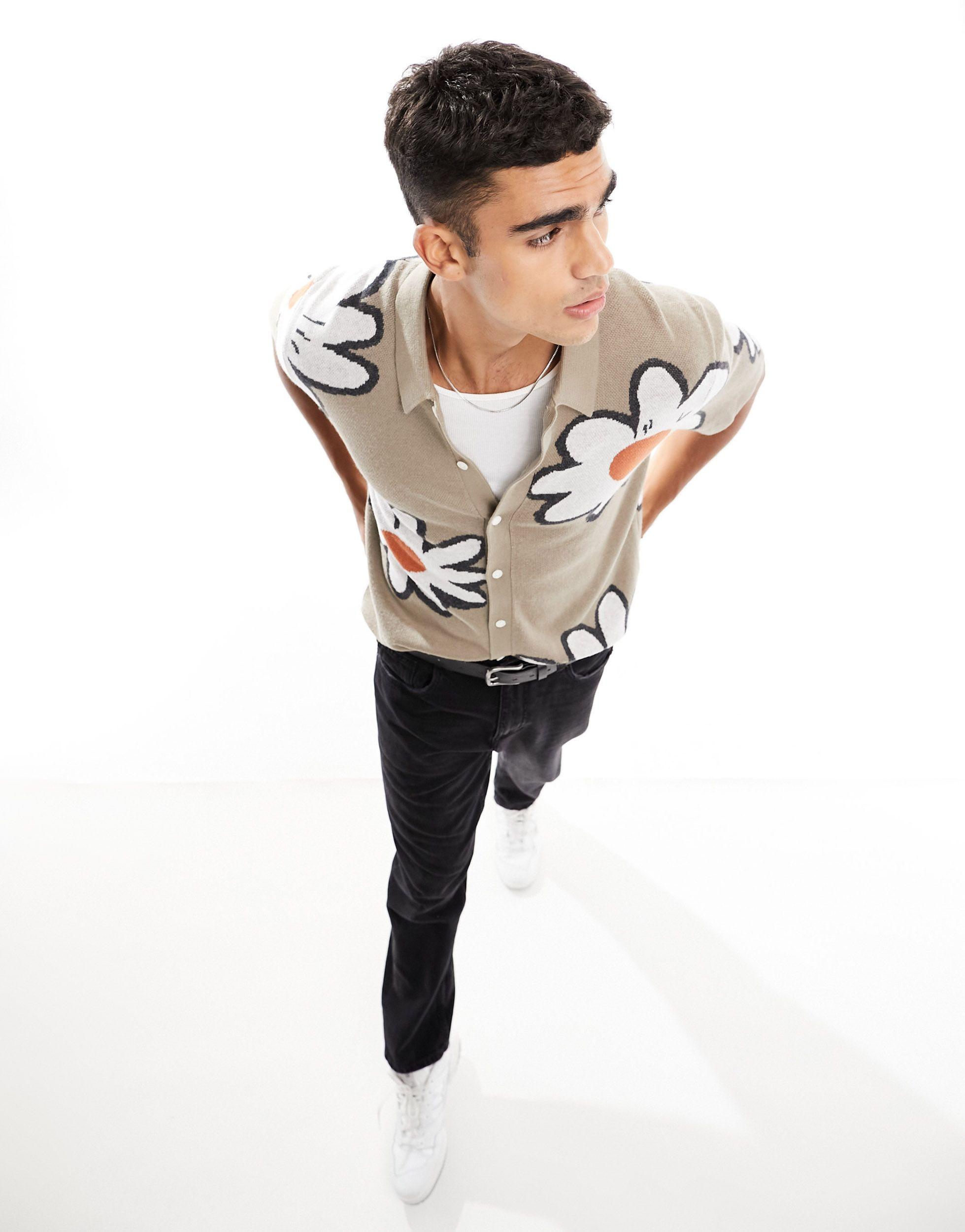 Abercrombie Fitch Retro Floral Button Through Knit Polo in White